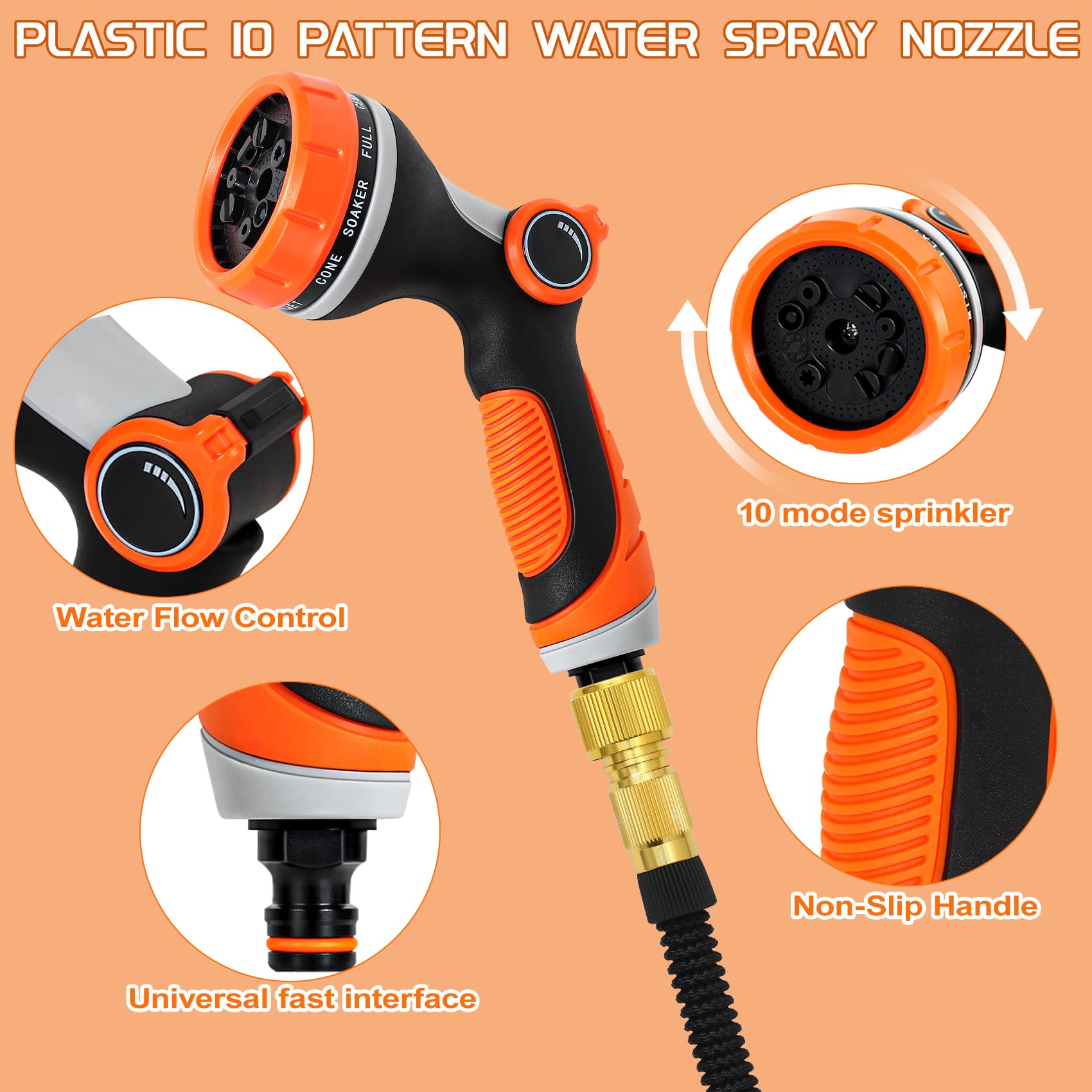 Elastyczny wąż ogrodowy 15 m z 10 funkcjami dyszy węża, elastyczny wąż, adapter z mosiądzu 1/2' 3/4", torba do montażu na zewnątrz, czarny (15 m)