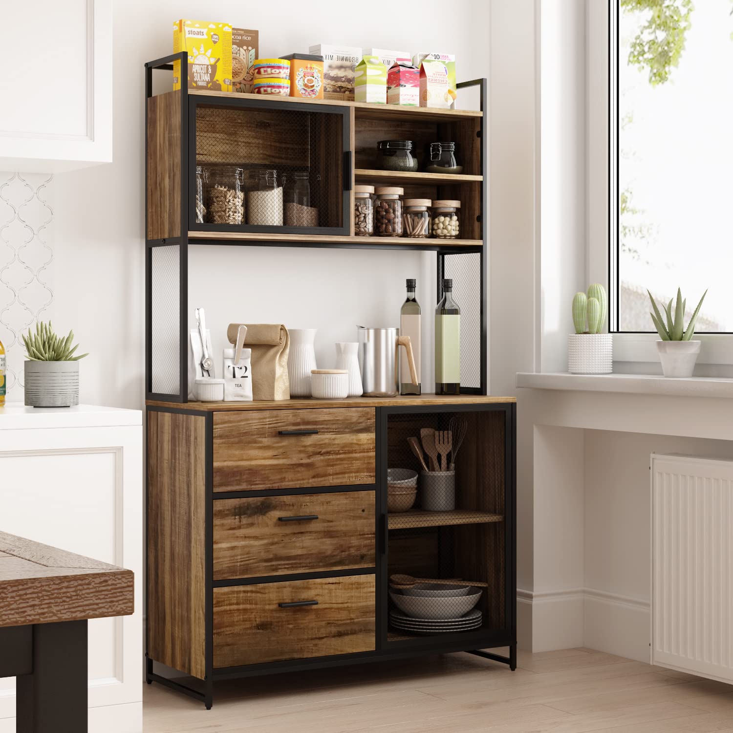 Armadietto da cucina alto a buffet, con 3 cassetti e 2 ante, stile industriale, ripiano aperto, forno a microonde, 100 x 40 x 175 cm, legno + ferro