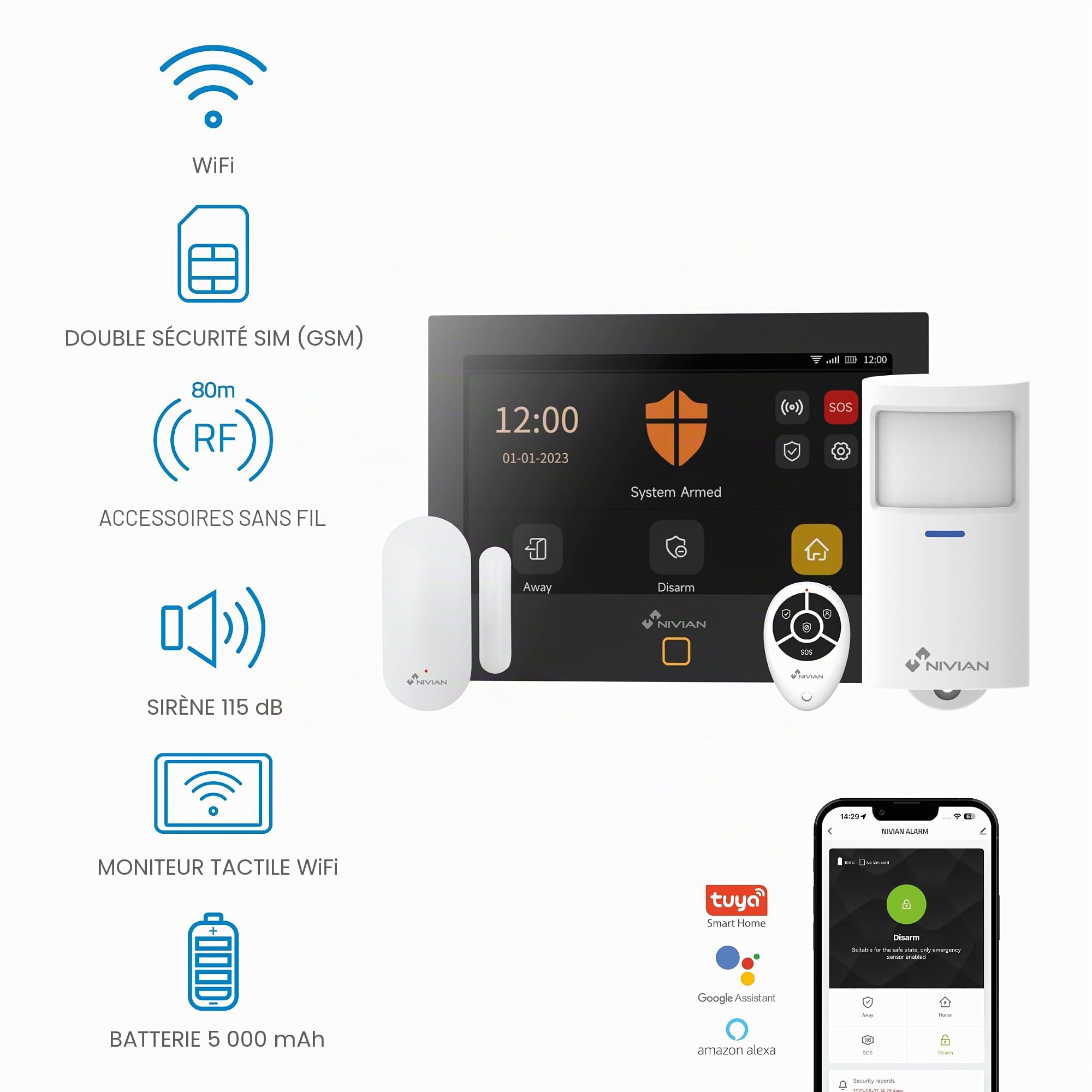 Nivian Système d’Alarme WiFi + GSM 4G Intelligent pour Maison ou Bureau – Kit Complet sans Fil avec Sirène Intégrée, Capteur de Mouvement, Détecteur d’Ouverture, Télécommande – App TUYA, SMS & Appels