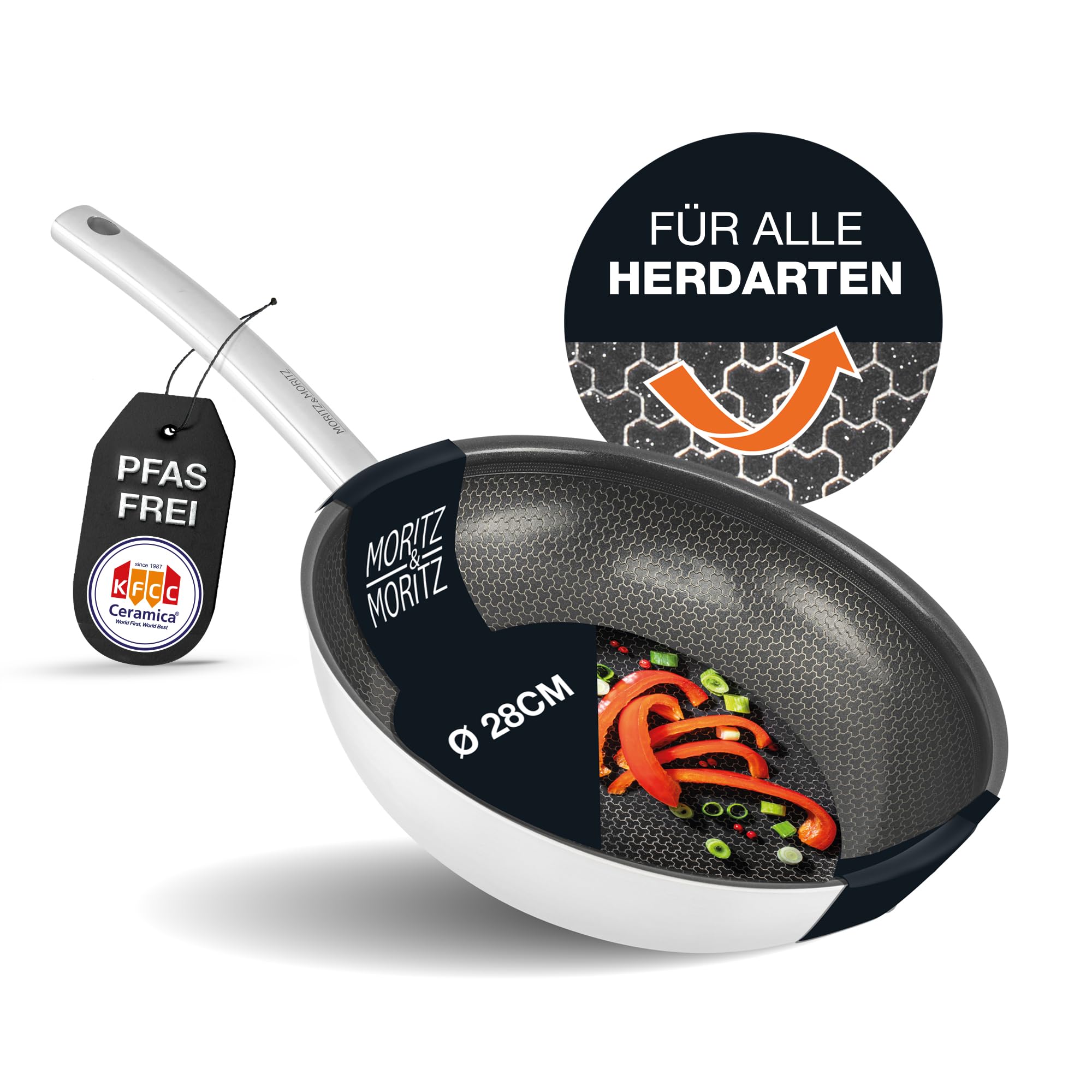 Moritz & Moritz Edelstahlpfanne Wabenstruktur 28cm mit Keramikbeschichtung der neuesten Generation - für alle Herdarten geeignet - Antihaft Pfanne mit rundem Rand zum Kochen, Braten und Schmoren