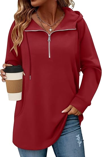onlypuff Women Hoodie Pullover Trendy Quarter Zipper Lapel Sweatshirts Drawstring Cute Hooded Tunic Tops with Side Pockets