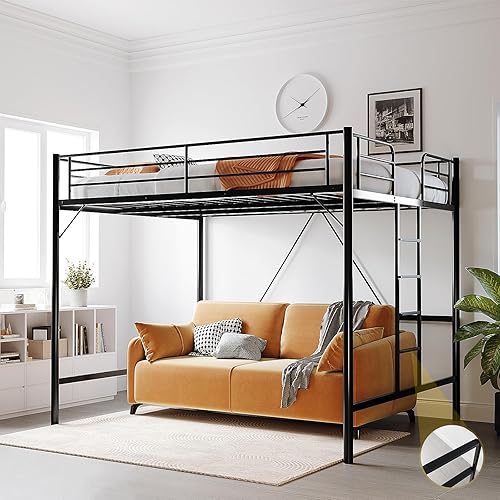 VINGLI Queen Loft Bed with Flat Rungs for Adults, Kids and Young Teens, No Box Spring Required,Heavy Duty Metal Slat Support, Black