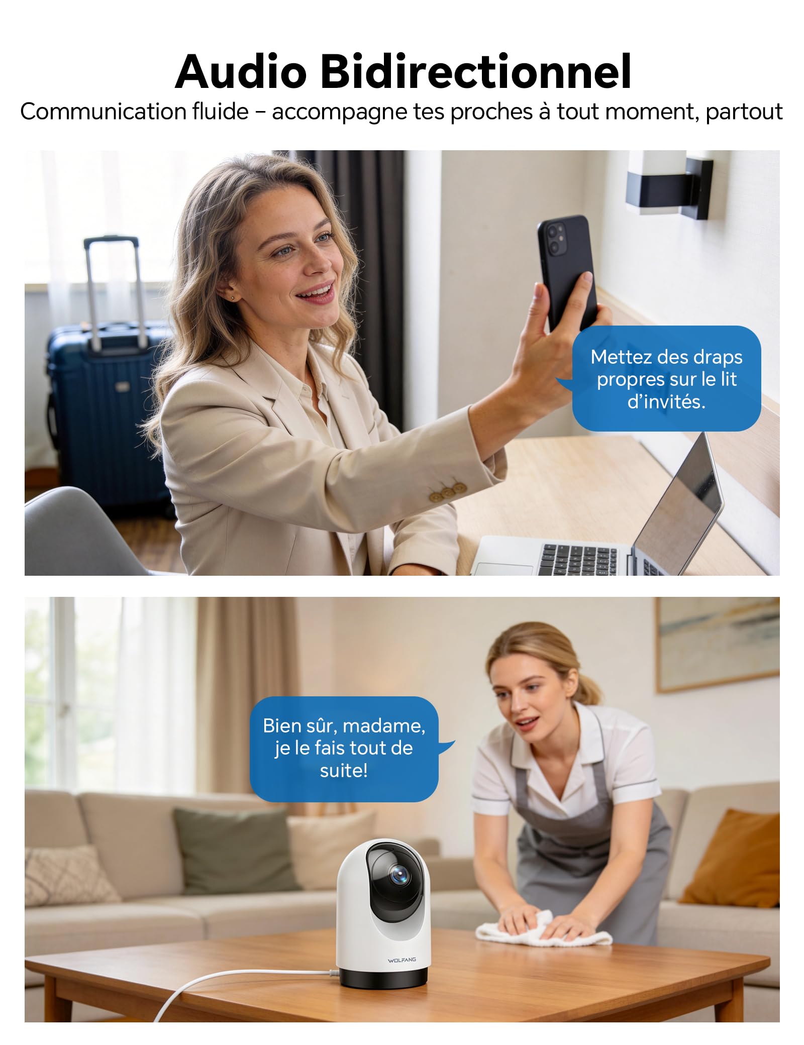 WOLFANG Camera Interieur 2K WiFi, Caméra Intérieure 360° PTZ avec Suivi Automatique, Vision Nocturne & Audio Bidirectionnel, Babyphone avec Caméra, Compatible Alexa & Google Home, Lot de 2