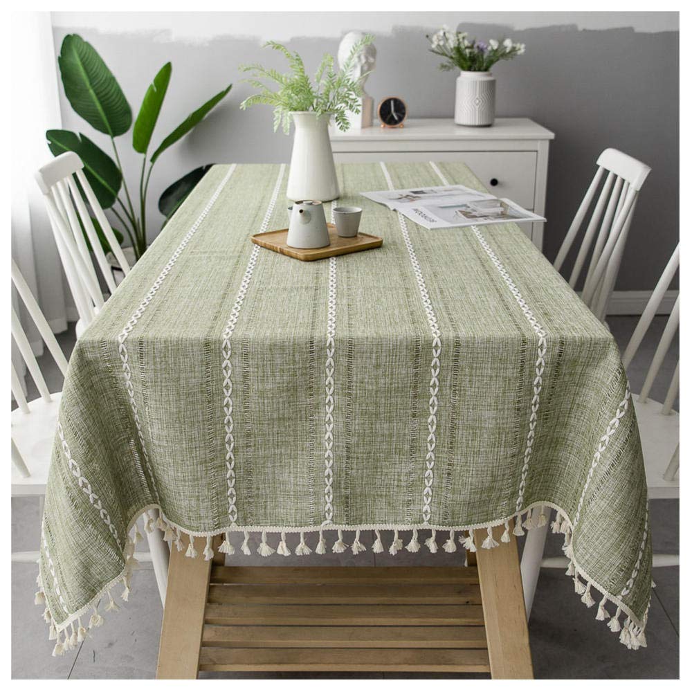 WLL Nappe de Table en Lin de Coton, 110x160cm, Vert Nappe rectangulaire de Style Simple avec Pompon décoratif, Lavable, Housse de Table Basse Anti-poussière pour Salle à Manger Maison Cuisine Jardin