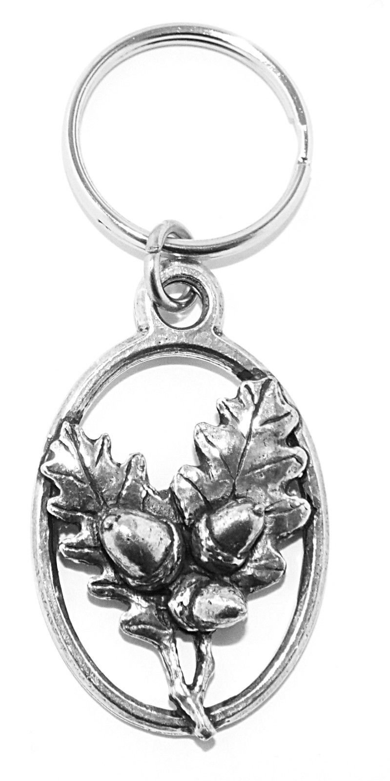 Oak Leaves Acorn Keyring (English Silver colour Pewter in a grey burlap gift pouch)
