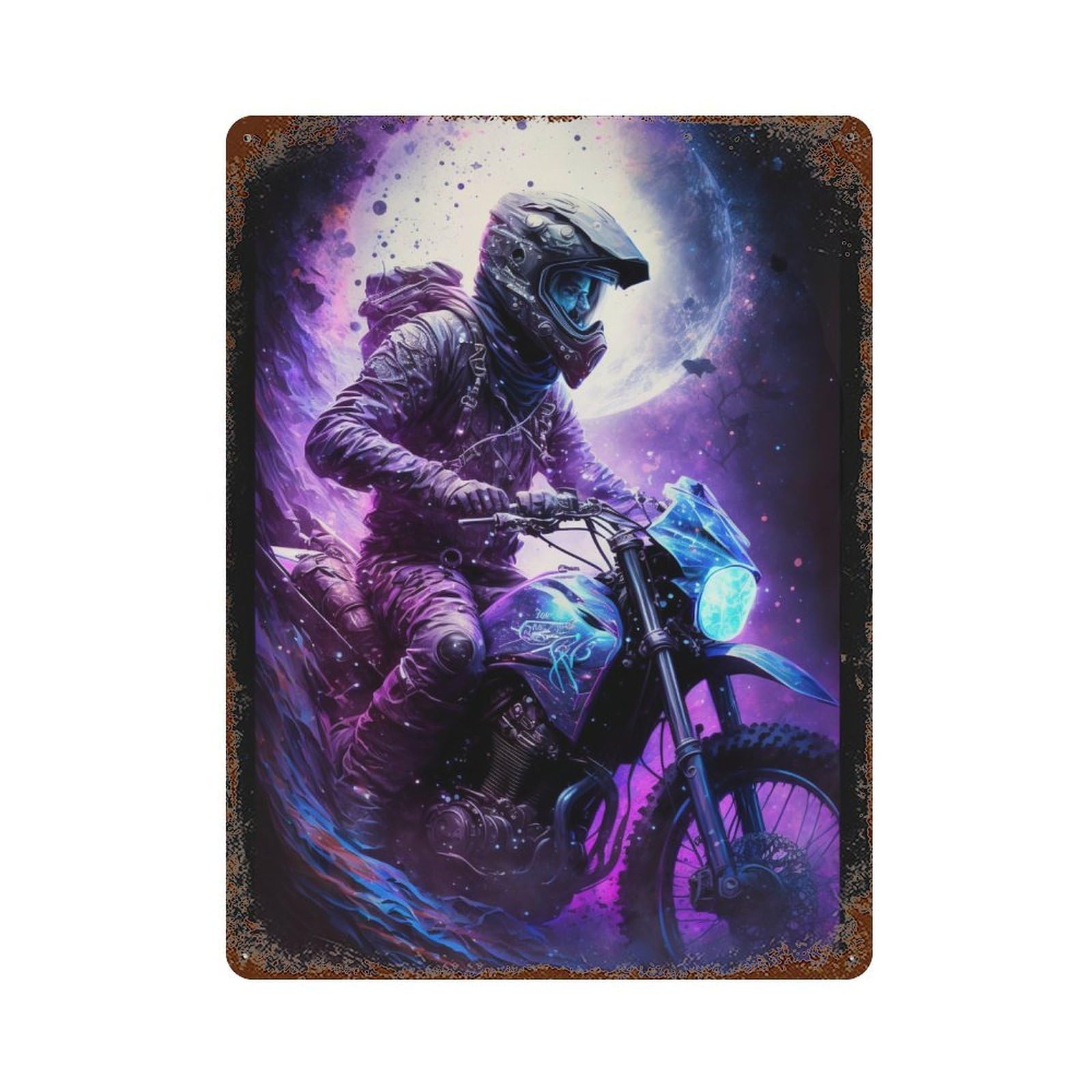 Garage Style Motorcycle Rider Moonlit Night Decorative Tin Sign 15.7"x11.8", Novelty Wall Decor for Bar And Workshop