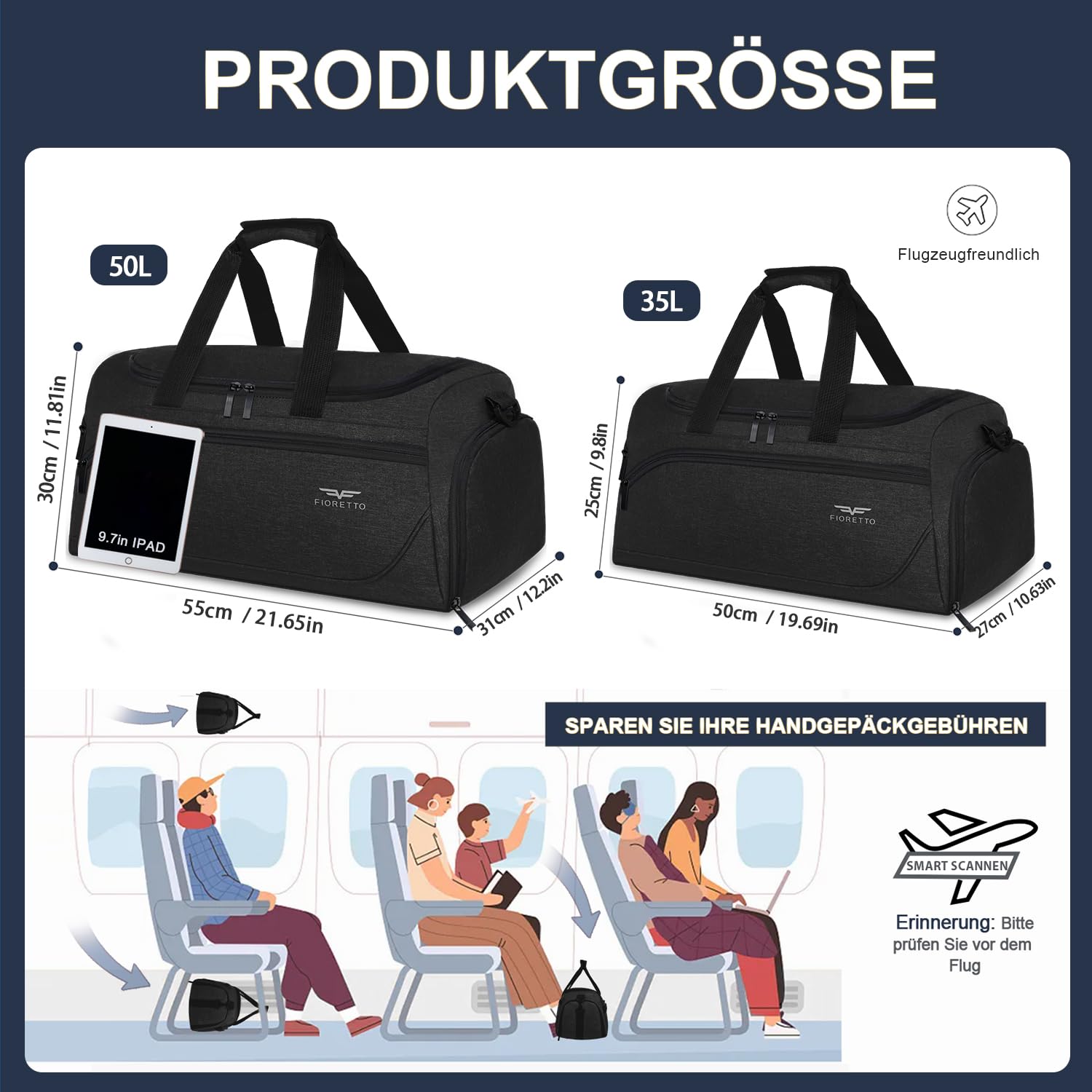 FIORETTO 35L Sporttasche & Reisetasche für Damen und Herren, mit Schuhfach & Nassfach, Wasserdicht Tasche für Trainingstasche, Gym, Travel, Schwimmen, Sauna, fußball Schwarz