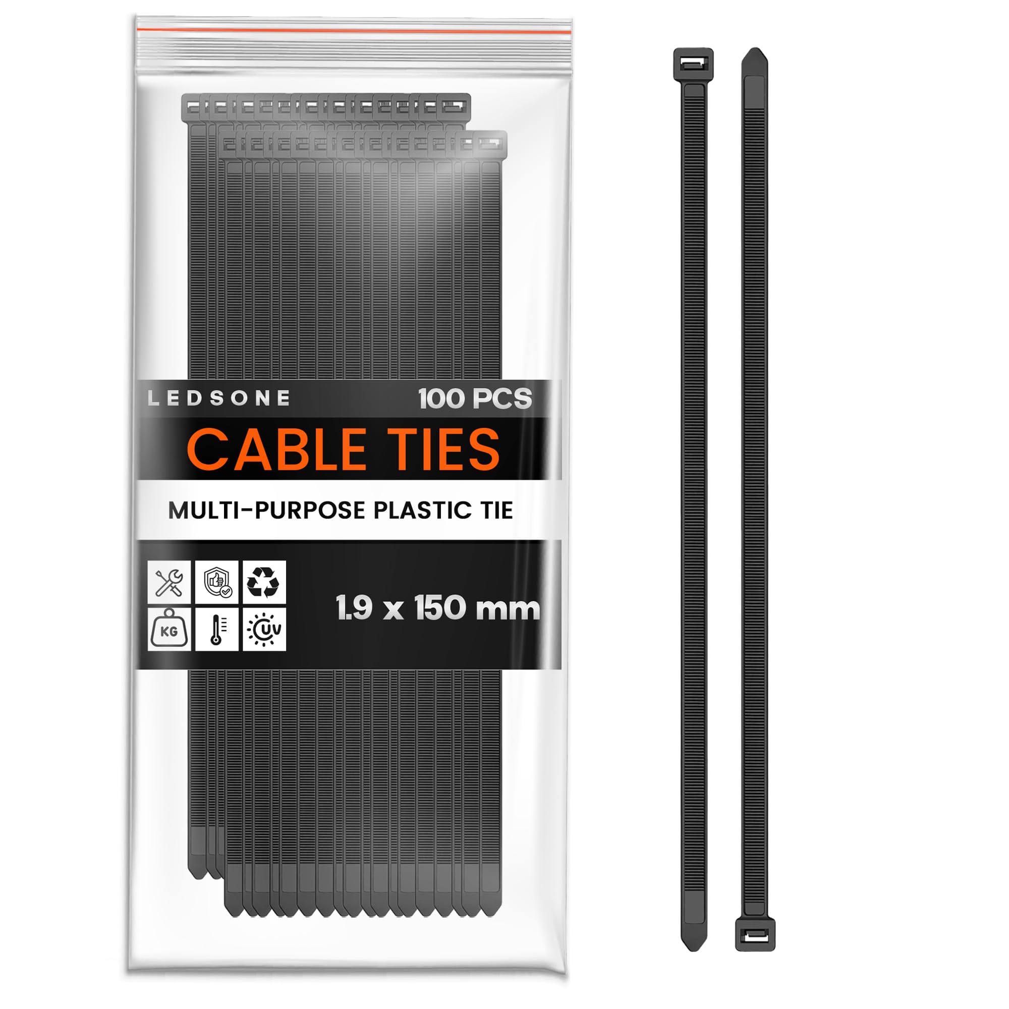 LEDSone Black Pack of 100 Cable Ties1.9mm x150mm, Nylon Zip Ties, Multi-Purpose Tie Wraps, Secure Self-Locking Mechanism, for Home, Garden, Office and DIY