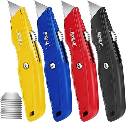 DIYSELF 4 Pack Box Cutter Retractable with 10 Pcs Blades, Box Cutters for Carpet, Cardboard, Vinyl, Metal Razor Knife, Box Opener, Box Knife