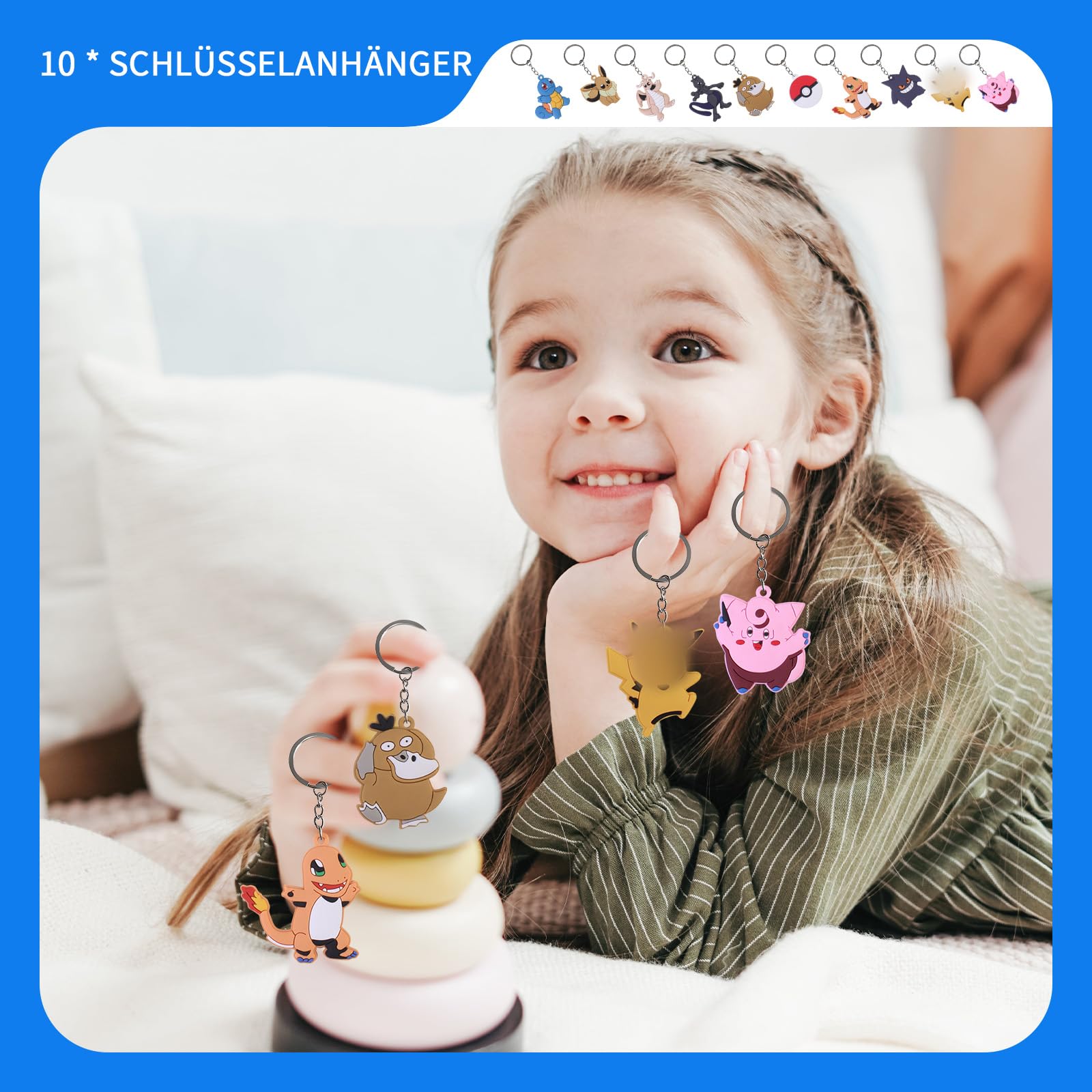 Mitgebsel Set Kindergeburtstag - 10 Schlüsselanhänger + 50 Aufkleber + 10 Geschenktüten