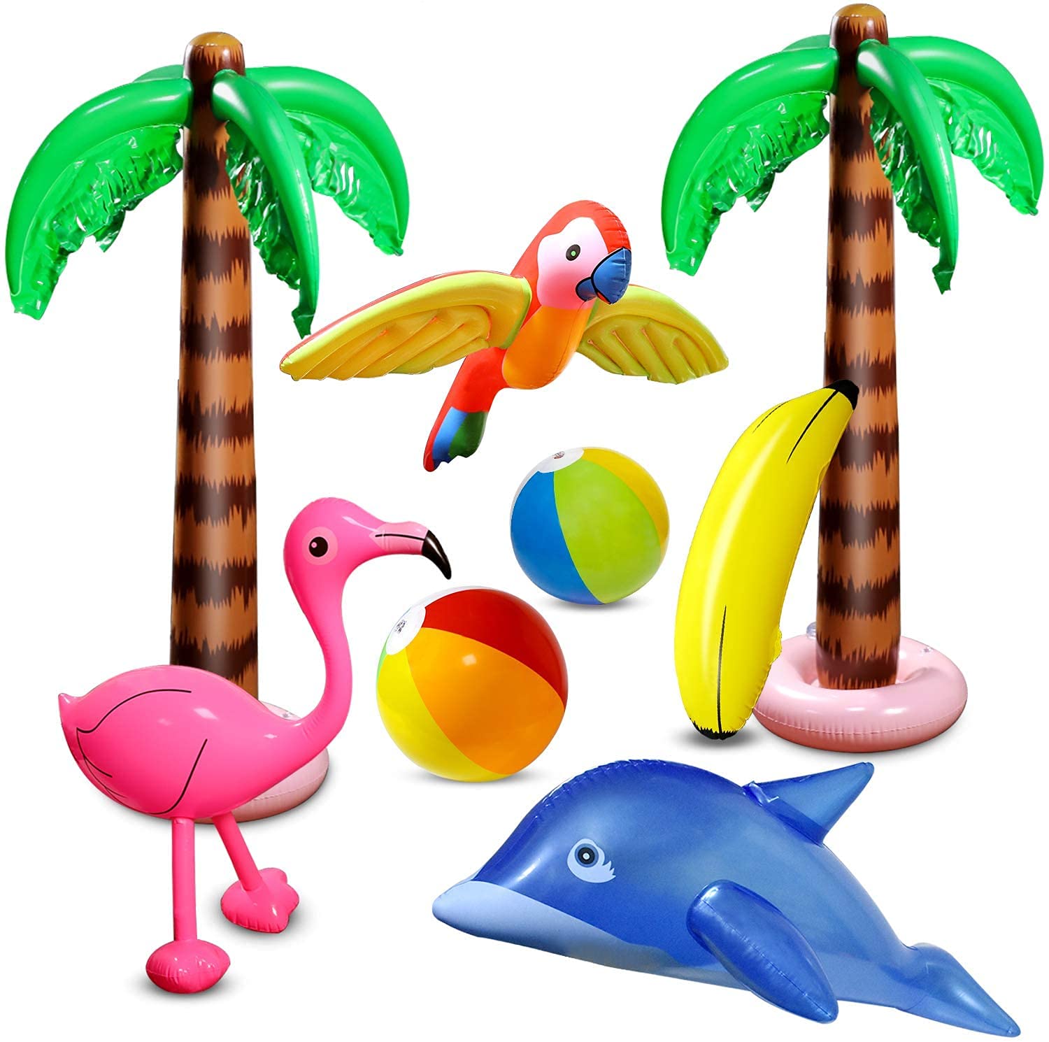 Hawaiian Party Toys Set, 8Pcs Inflatable Palm Trees Flamingos Toys Inflatable Banana Beach Balls Inflatable Dolphin for Hawaii Party Summer Party Decor Beach Pool Backdrop Pool Party Supplies