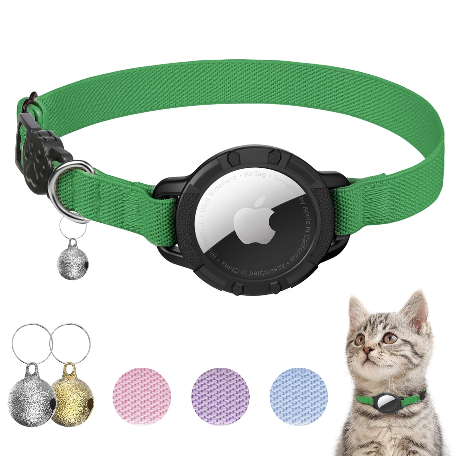 AirTag Cat Collar, Stretchy Kitten Collar with Air Tag Holder and Bell, Breakaway Design Ultra Elastic GPS Tracking Cat Collar for Cats and Puppies (Emerald Green) โ image 1