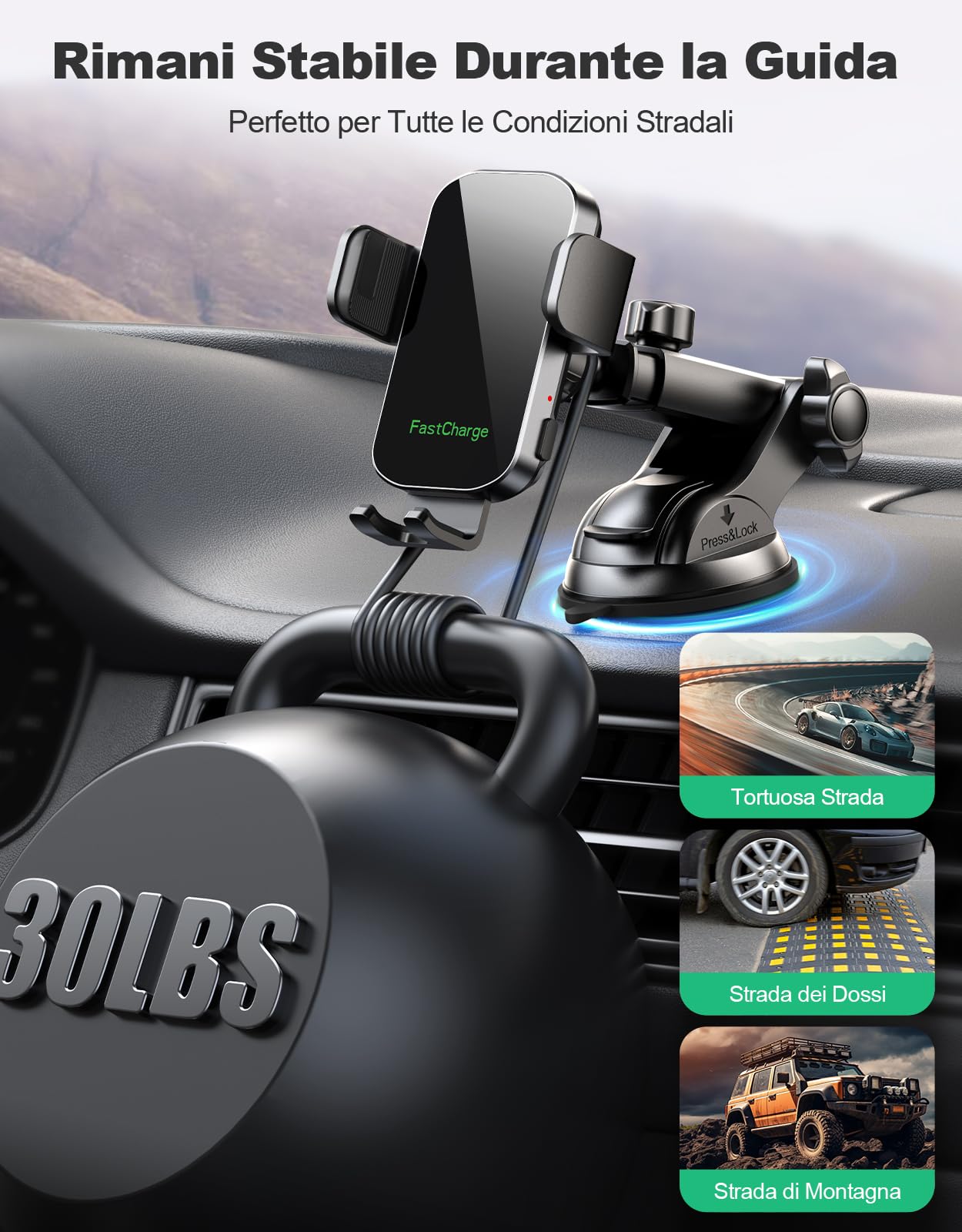 Glangeh 15W Caricatore Wireless Auto, [Ventosa+Clip+QC3.0] Auto-Bloccaggio Ricarica Wireless Auto, Porta Cellulare Auto Ricarica Wireless Compatibile con iPhone 16 15 Galaxy S24
