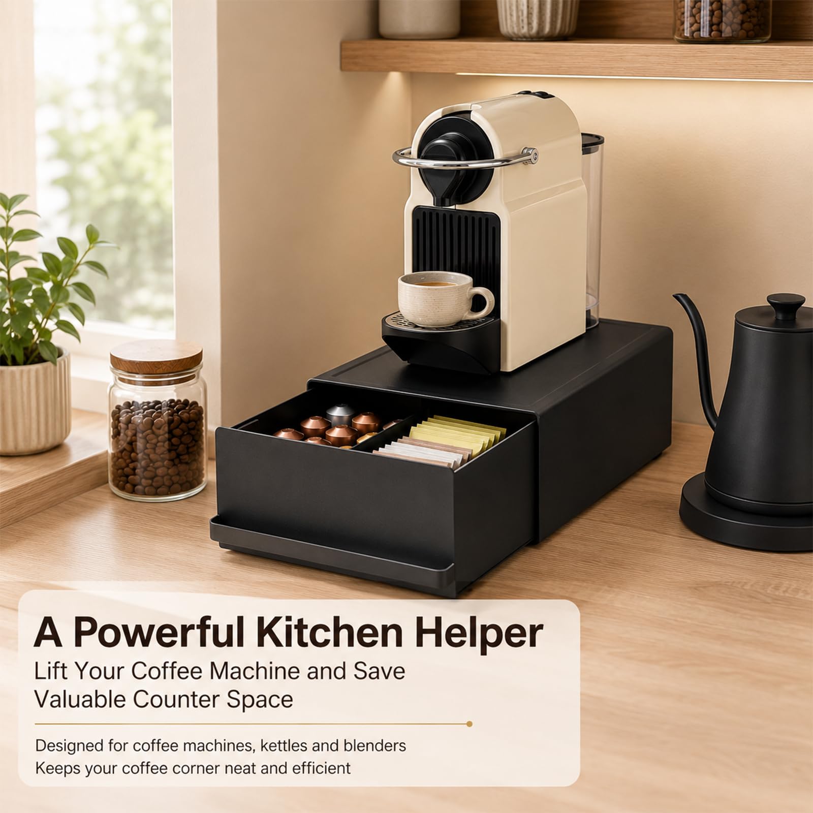 Contenitore per capsule da caffè (27,5 x 22,2 x 11,5 cm) con cassetto, realizzato in acciaio al carbonio, capacità di carico di 11 lbs,organizer per macchina da caffè, mixer, bollitore