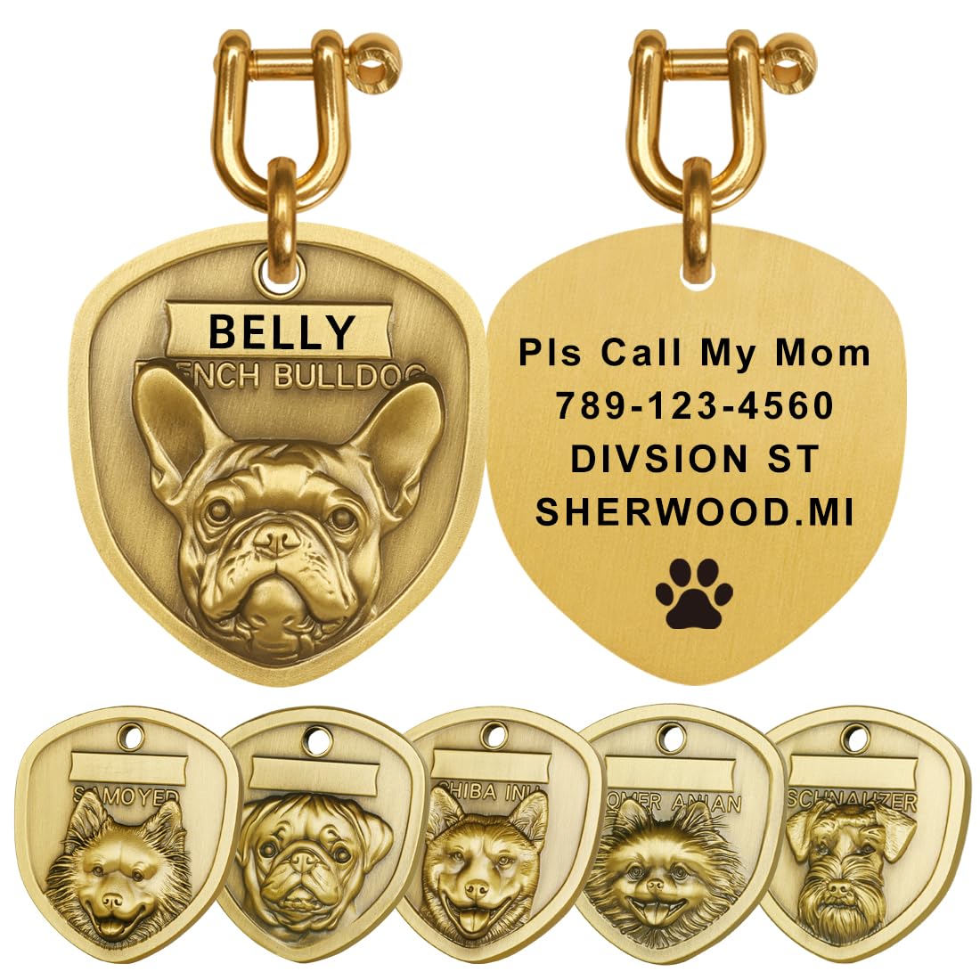 Personalized Dog ID Tag, Brass Shield Design with Custom Text, Multiple Breed Options - French Bulldog, German Shepherd (French Bulldog)