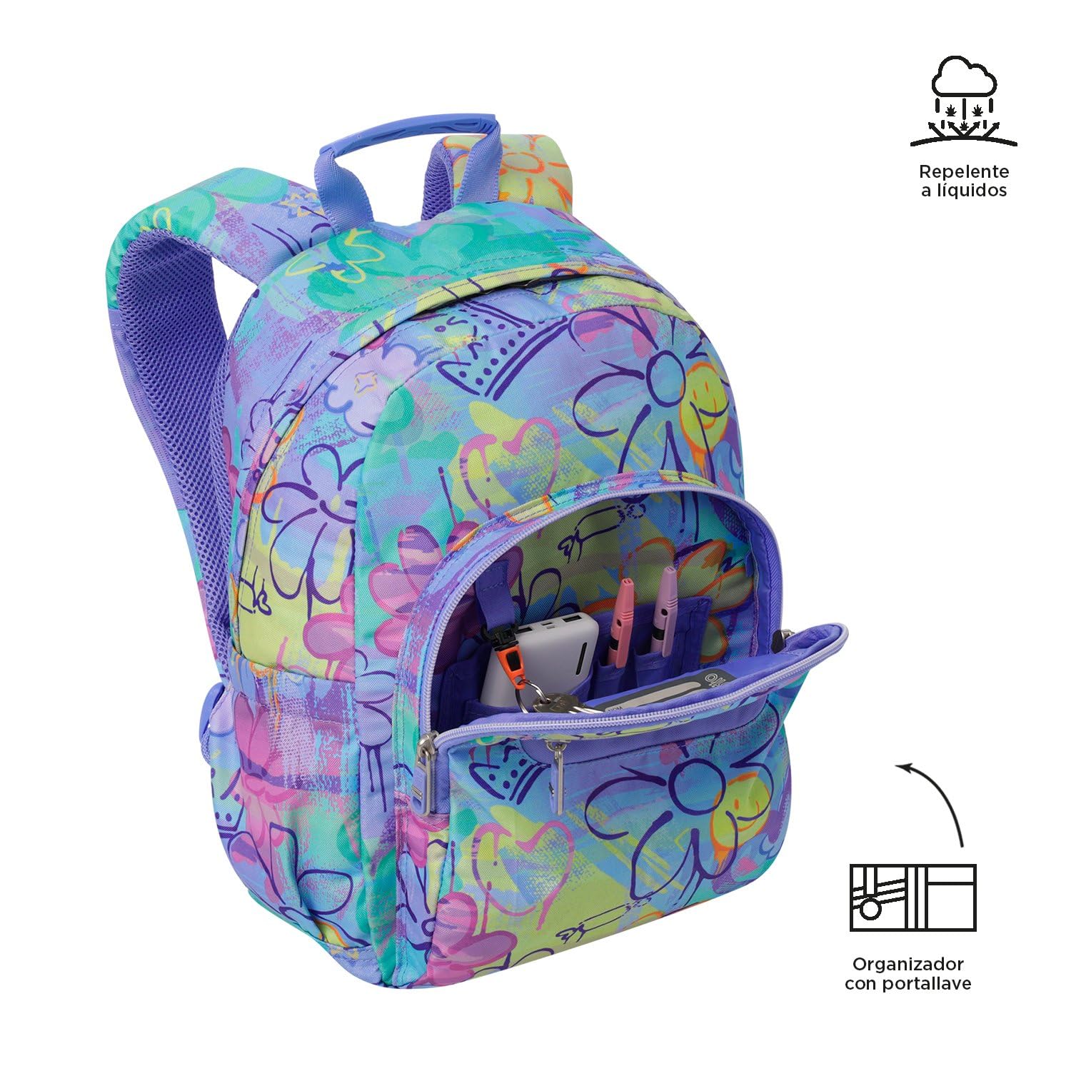 TOTTO - Mochila Escolar, Modelo Gommas, Mochila Mediana, Capacidad 15 L, Bolsillo para PC 14", Bolsillo Botella, Espaldar Ergonómico con Flujo de Aire, Cómodas Correas en S, Estampado Grafily