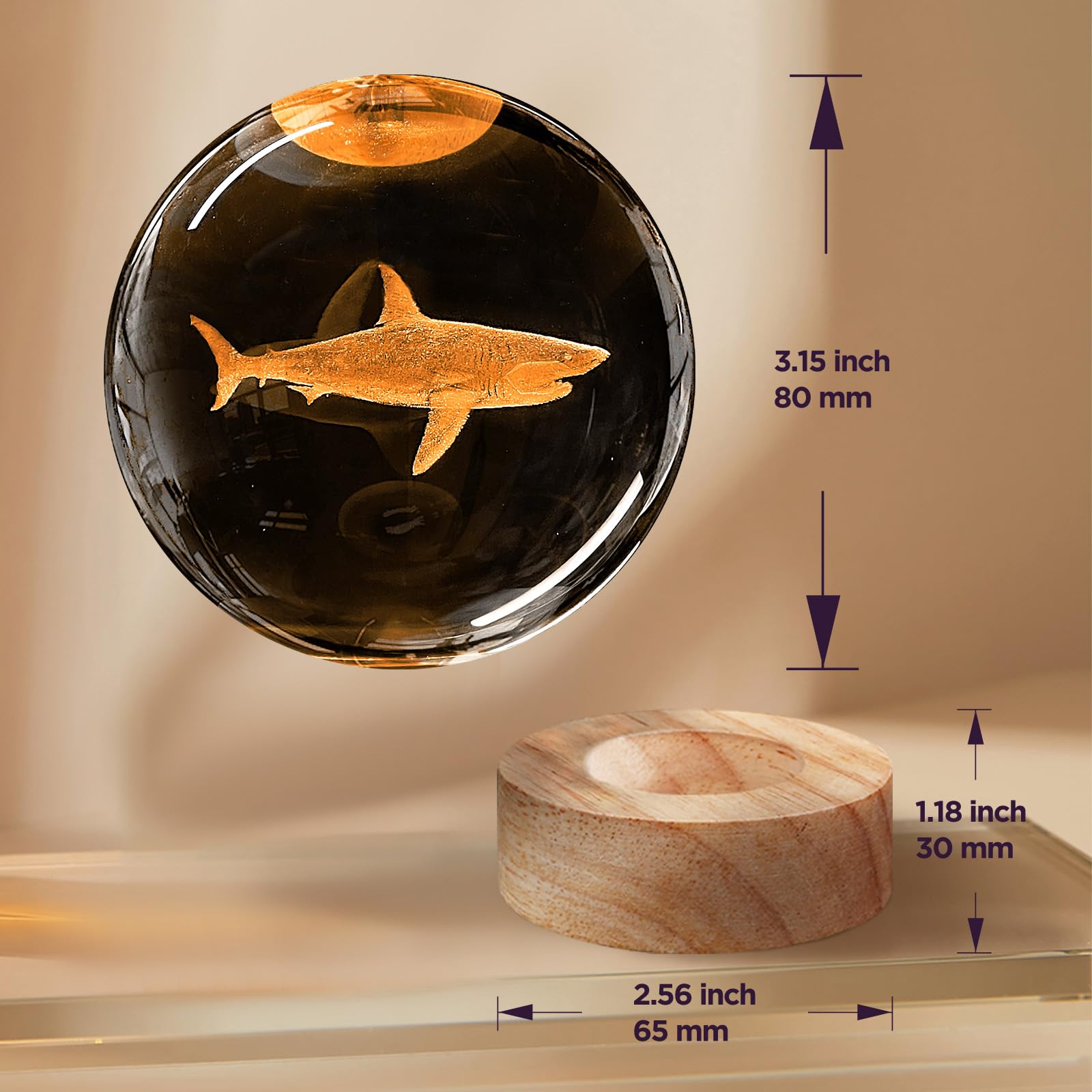 3D Crystal Ball Night Light with Wooden Base, 3.15" Shark Glass Ball Lamp, 16 Colors, Remote Control, Cool Desk Decor