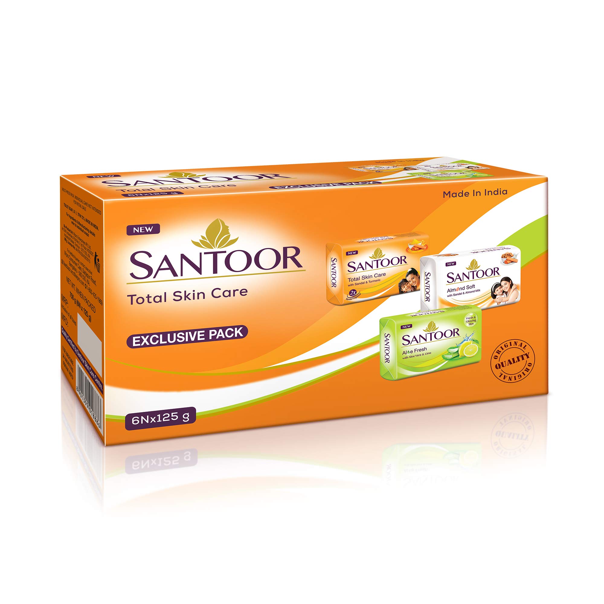 Santoor Total Skin Care Soaps (Sandal, Almond, Aloe Fresh Soaps combo), 125g (Pack of 6)