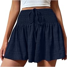 Women Girls Summer Skort Elasticated Waist Ruffle Shorts Solid Color Activewear Skirt Sport Running Tennis Skort Golf Skirt Bikini Bottoms Cotton Shorts Athletic Stretchy