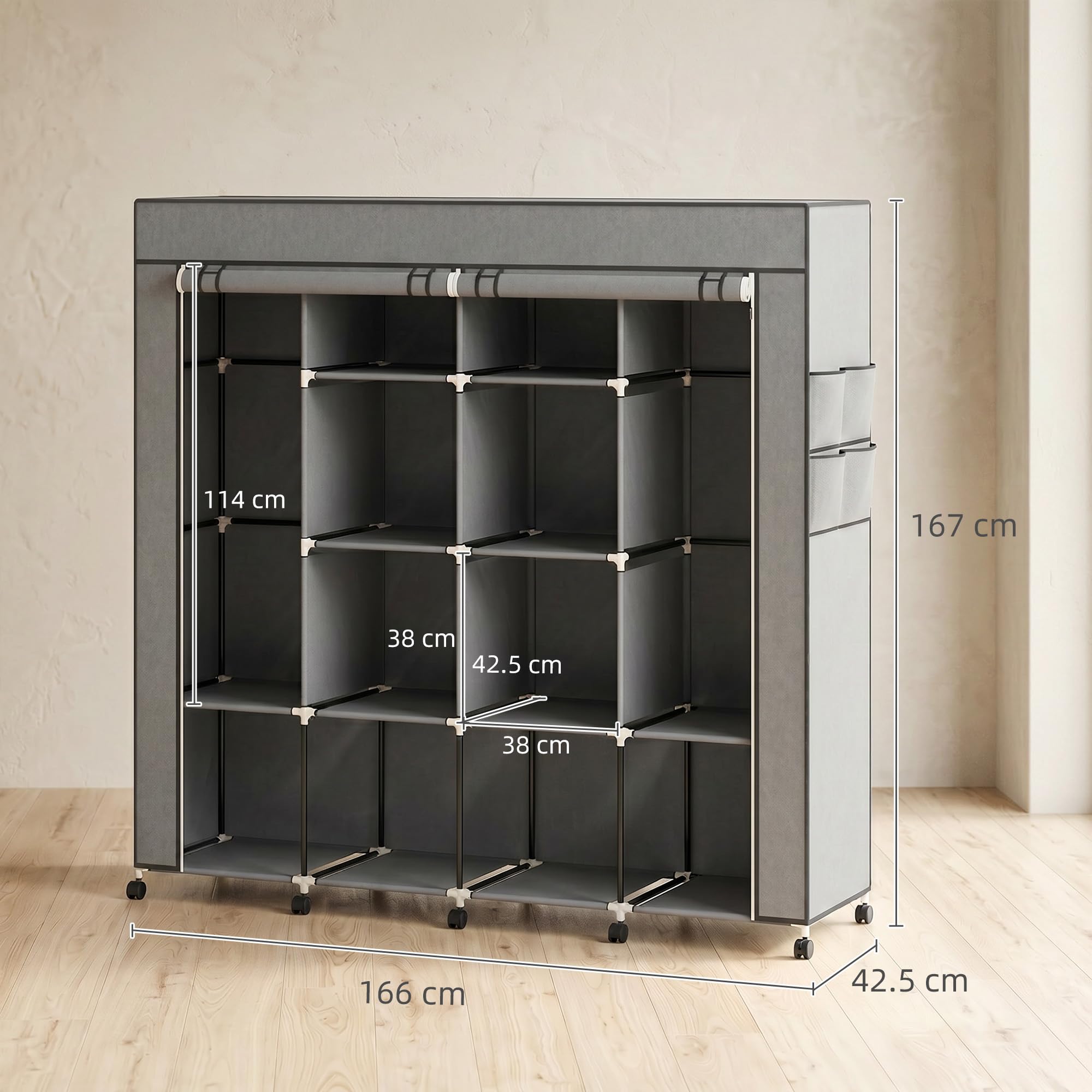 HOMCOM Armadio Portatile Guardaroba Ruote 166x42.5x167cm Grigio Scuro | Tessuto non Tessuto e Acciaio, 10 Scomparti, 2 Barre Appendiabiti, Ante a Cerniera