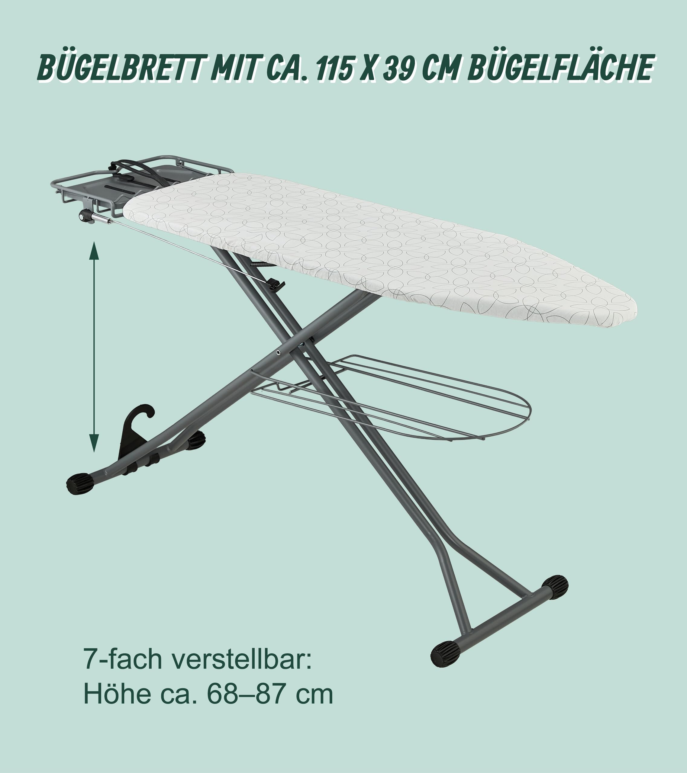 Relaxdays Bügelbrett für Dampfbügeleisen, 115 x 39 cm, höhenverstellbar, klappbar, Bügelstation & Ablage, weiß/Silber