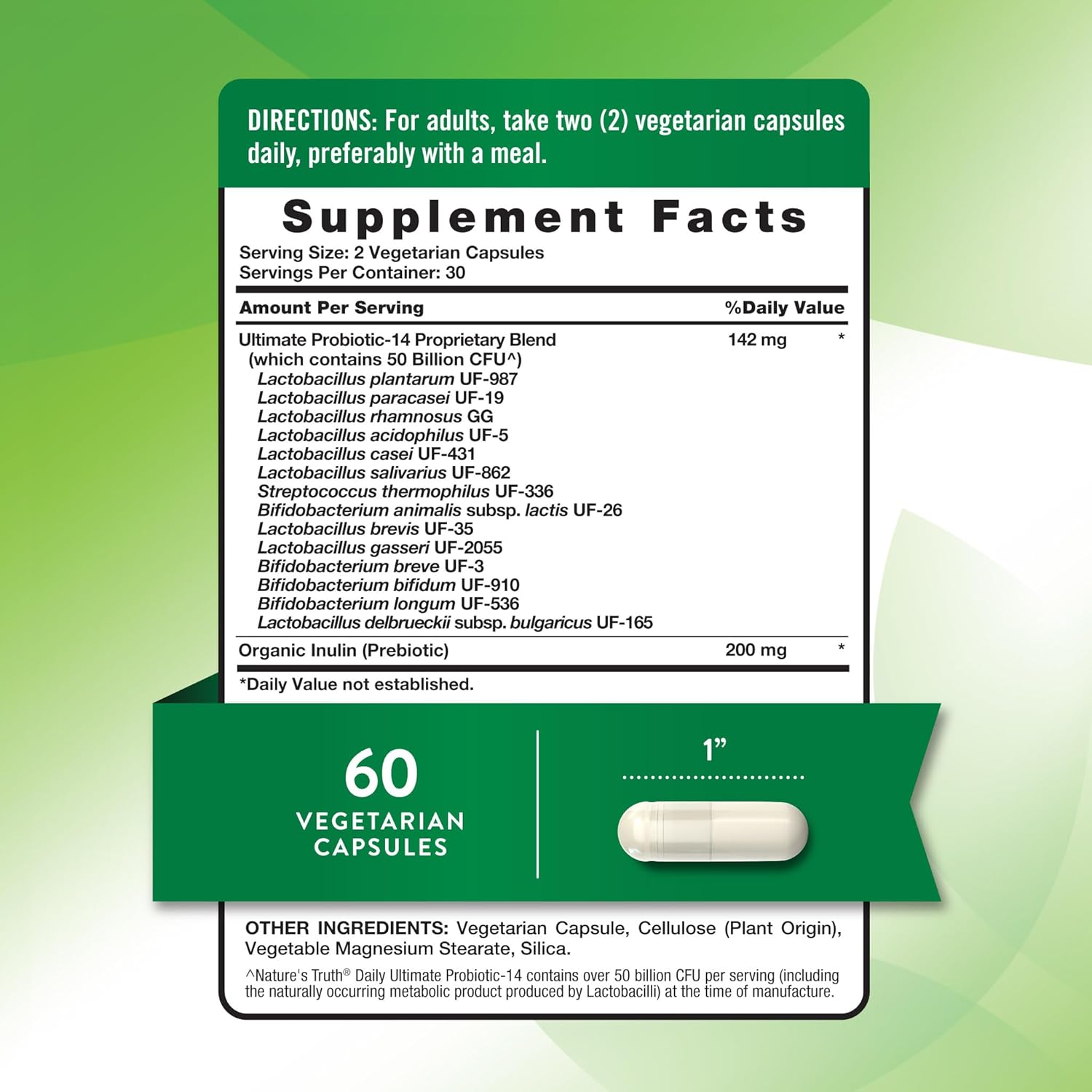 Nature's Truth Probiotic for Women and Men | 50 Billion CFU | 14 Probiotic Strains | 60 Capsules | Stomach Friendly | 200mg Prebiotics | Vegetarian, Non-GMO & Gluten Free Supplement
