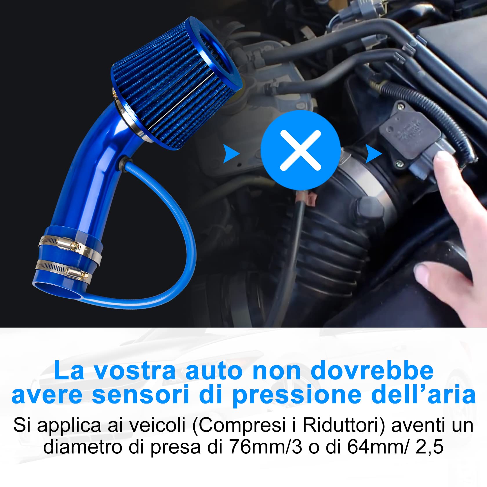 CarBole Kit Filtro aria sportivo universale Raffreddamento, Sistema ingresso aria per auto universale in fibra di carbonio con tubo blu