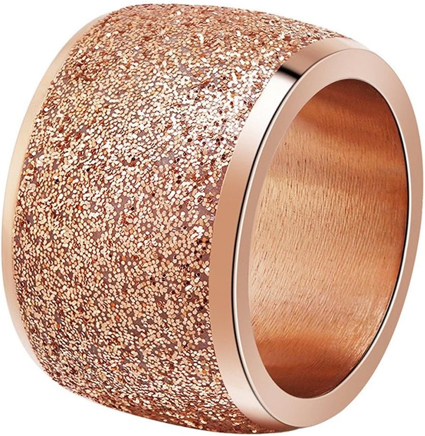 Women's Stainless Steel Ring Shiny Sequins Pave Sandblast Wide Wedding Band Silver, Rose, Gold, Black