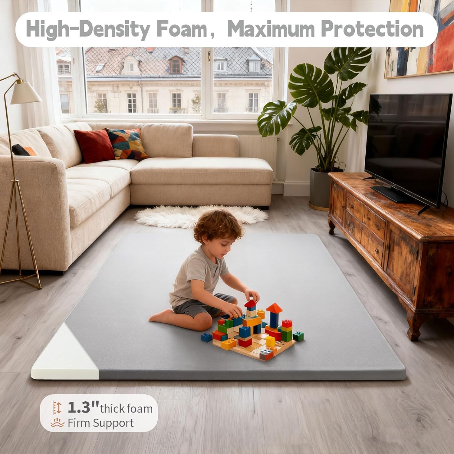 PU Leather Baby Play Mat for Floor, 50"×50" Playpen Mat, 1.3" Thick Elasti-Foam, Non-Slip Crawling Mat for Tummy Time, Waterproof & Wipe-Clean Playmat for Toddler,Infant, Kids (Grey）