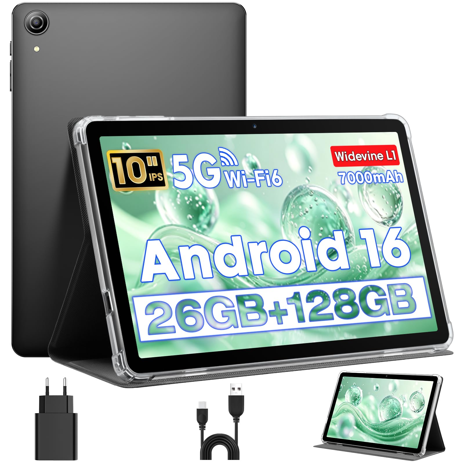 Tablet 10 Zoll, Android 16 Tablet mit Hülle, Unisoc T606 CPU, 26 GB RAM + 128 GB ROM + 1 TB TF, 1280x800 HD IPS Display, 7000 mAh Akku, Duale Kamera, WiFi 6, BT 5.0, Widevine L1, GPS (K70)