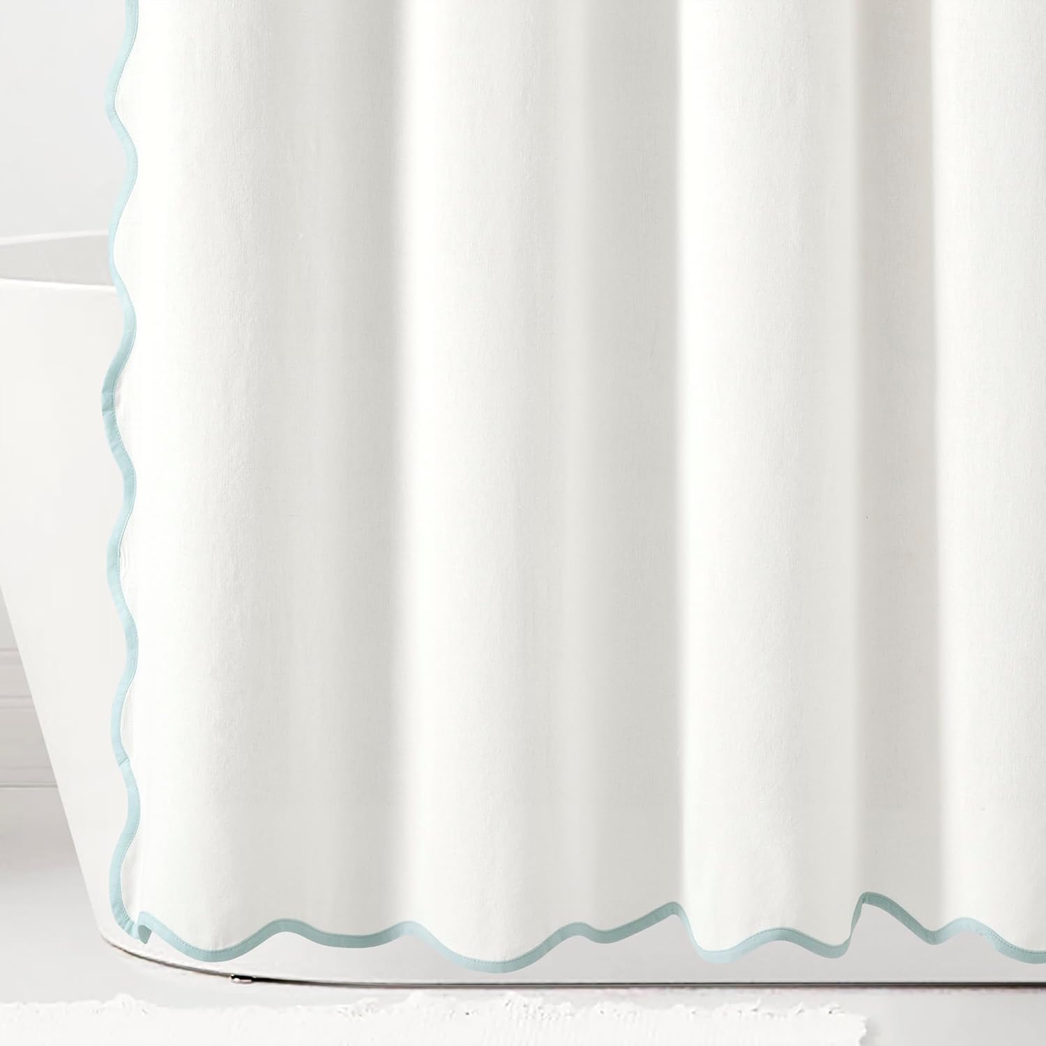 Lush Decor Coastal Chic Scallop Edge Linen-Textured Shower Curtain, Single 72" W x 72" L, Blue & White - Scalloped Shower Curtains - Coastal Bathroom Curtain