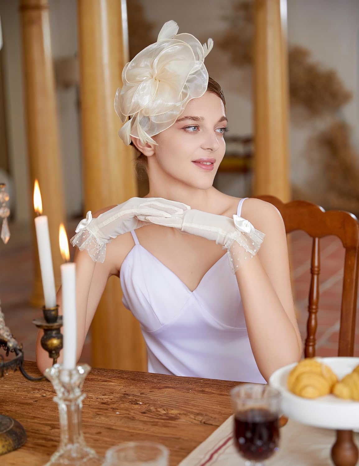 Fascinators Hat Flower Mesh Feathers Headband Derby Hat Clip Tea Party Headwear and Lace Gloves with Bows for Women - Image 3