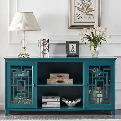 Mixcept 60” Sideboard Buffet Table Storage Cabinet Console Table with 2 Doors and Adjustable Shelves, Cupboard Kitchen Sideboard for Kitchen Dining Room, Teal
