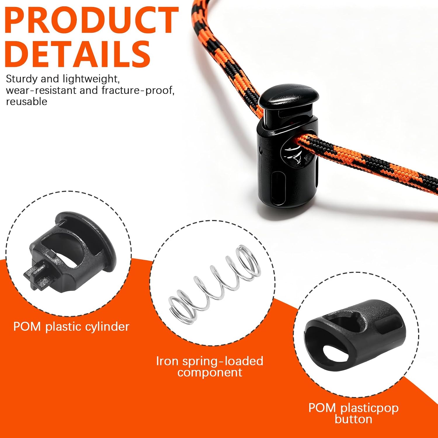 12 Pack Black Single Hole Cord Locks, 1.1"x0.6" (28x15mm) Spring Stopper Toggle, POM Plastic Rope Adjuster for Paracord, Shoelaces, Hoodies, Backpacks, Camping Gear
