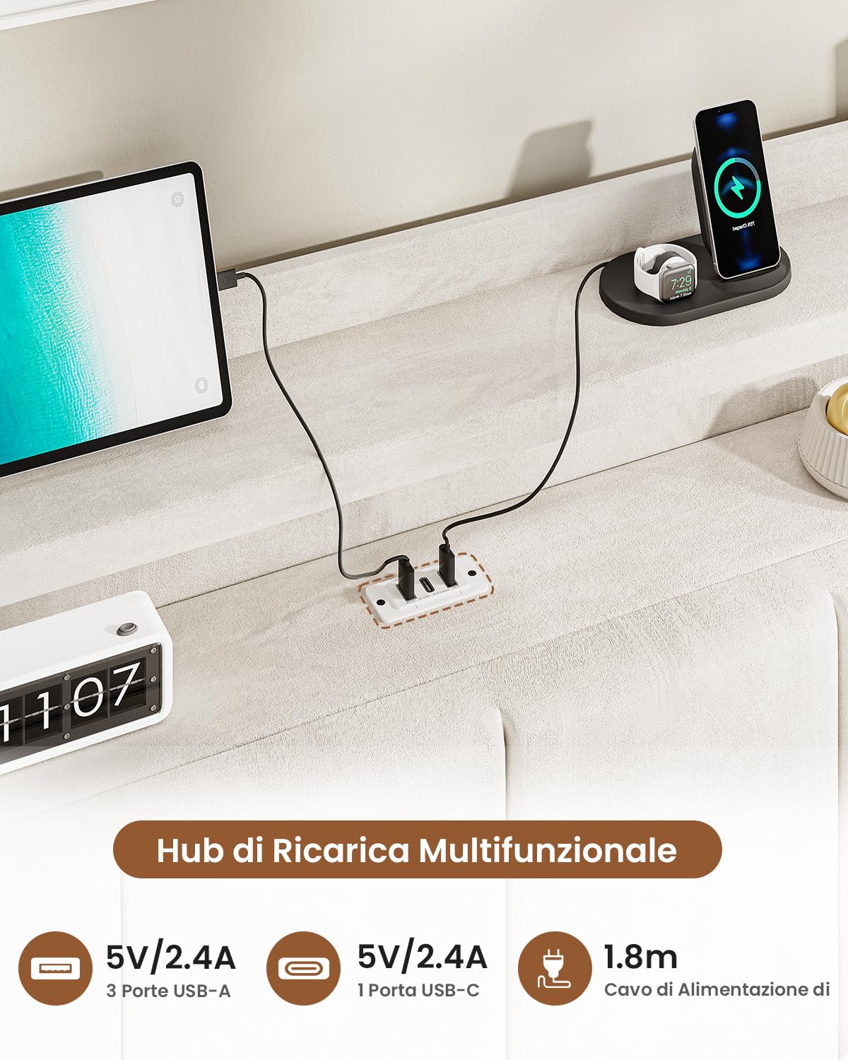 AOGLLATI Letto Singolo con Contenitore 90x190, Letto Singolo Imbottito con Ampio Spazio di Stivaggio, Struttura Letto Contenitore con Luci LED Regolabili e Stazione di Ricarica, Velluto Beige