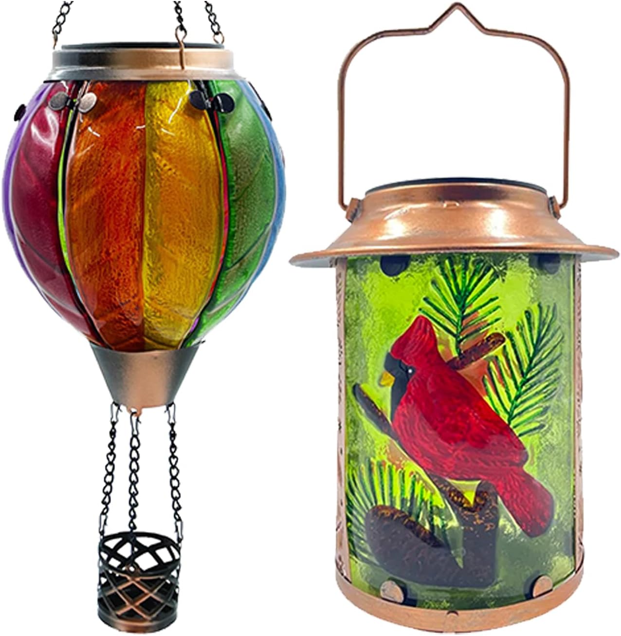 16.5" H Colorful Glass Solar Hot Air Balloon Lantern + 10" H Cardinal Solar Lanterns Hanging Garden Light Outdoor Waterproof for Yard Patio Tree Christmas Gifts