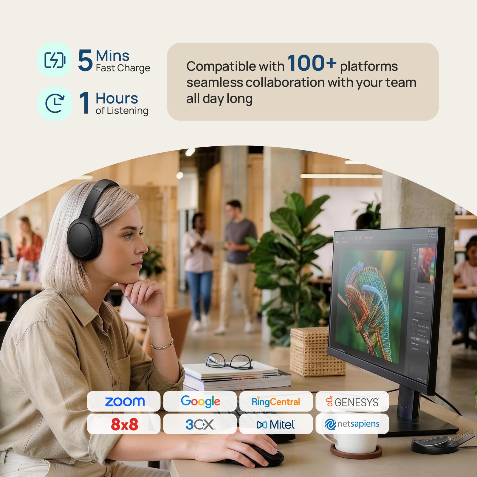 Yealink BH78 Bluetooth Headset mit Lärmschutz Mikrofon, Kopfhörer Over Ear für Homeoffice, Zoom/Teams Zertifiziert, Adaptive ANC für Büro Computer, Kopfhörer Kabellos mit USB-C/A und Dockingstation