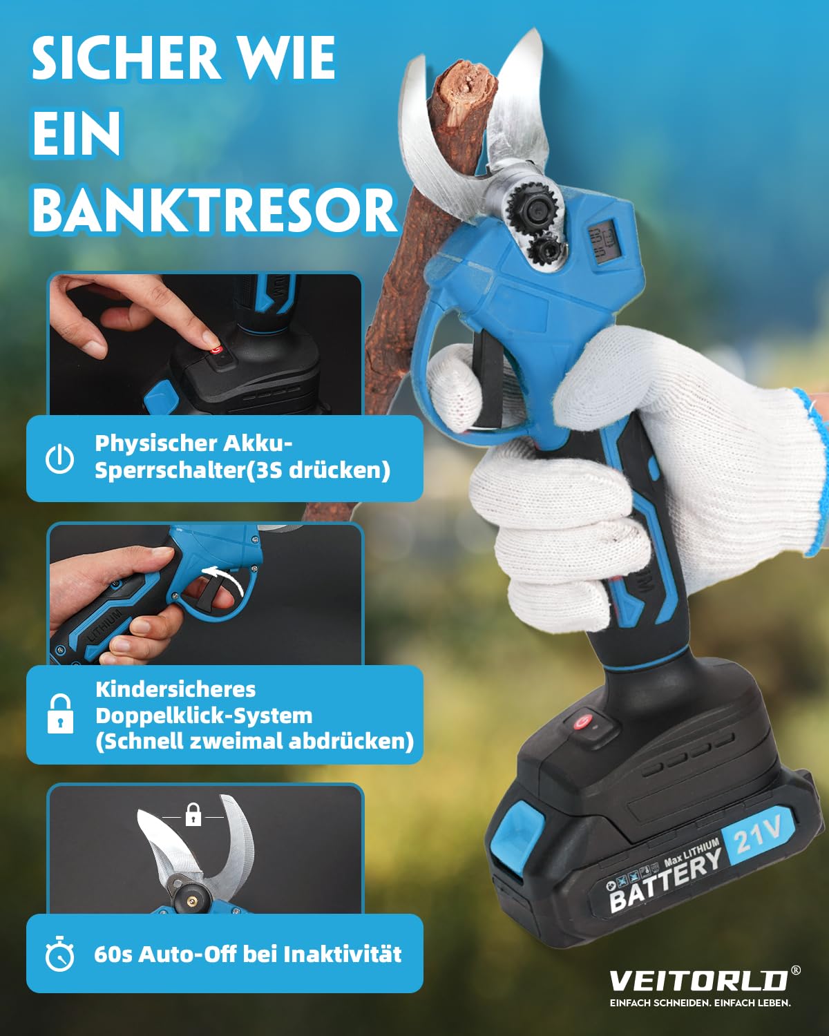 Veitorld Akku Astschere, 30mm Bürstenloser Motor Gartenschere mit 2 Akku 2000mAh, Elektrische Bypass-Baumschere für Makita 18V Akku, Ergonomischer Griff, Geschenke für Männer Frauen
