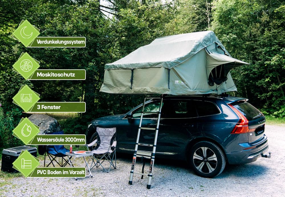 Family Plus Tente de toit pour 1 à 4 personnes (160 cm) avec auvent – Montage rapide, seulement 66 kg – Échelle, housse en PVC, sac à chaussures, outils inclus OutdoorU