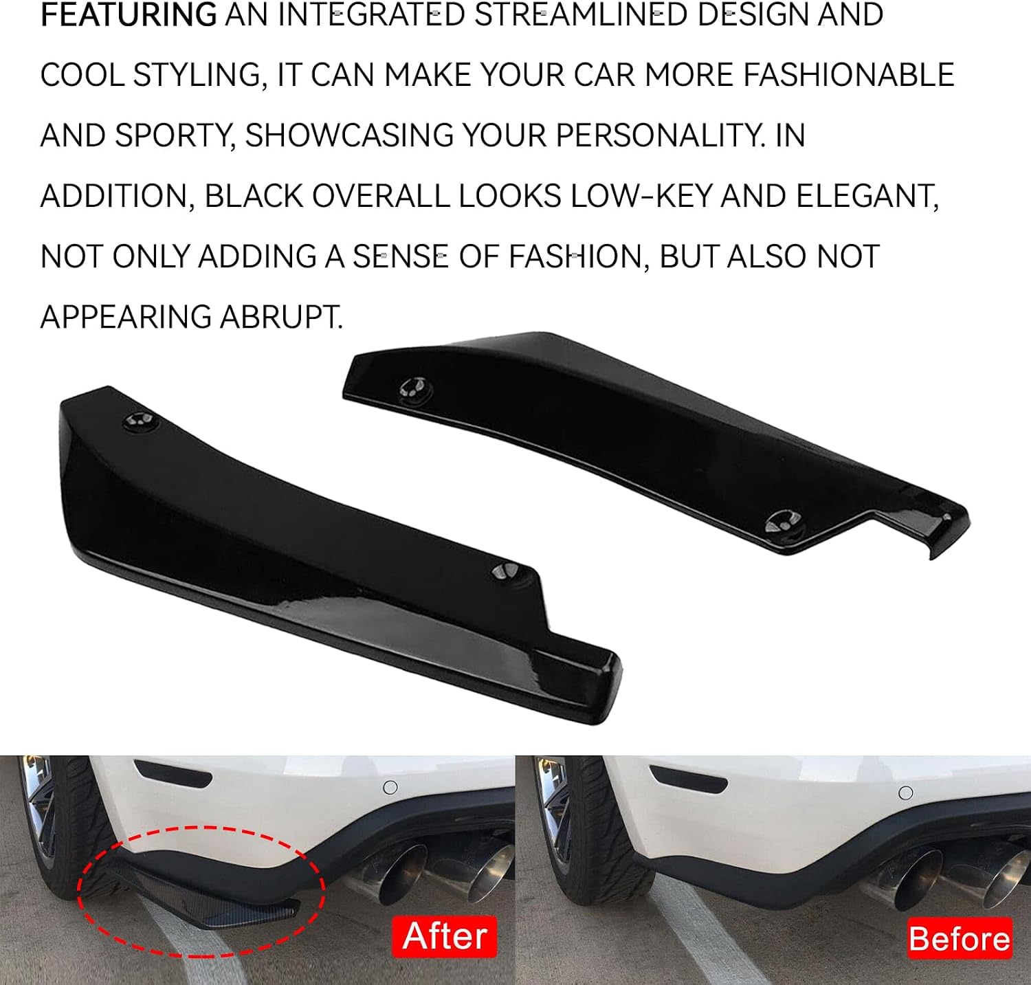 2PCS Car Rear Bumper Diffuser Kit, Anti-Collision Shark Fin Front Lip Spoiler Protector, Bumper Side Skirt Lip Splitter Trim with Screws, Universal Exterior Decoration for Car SUV Truck (Black)