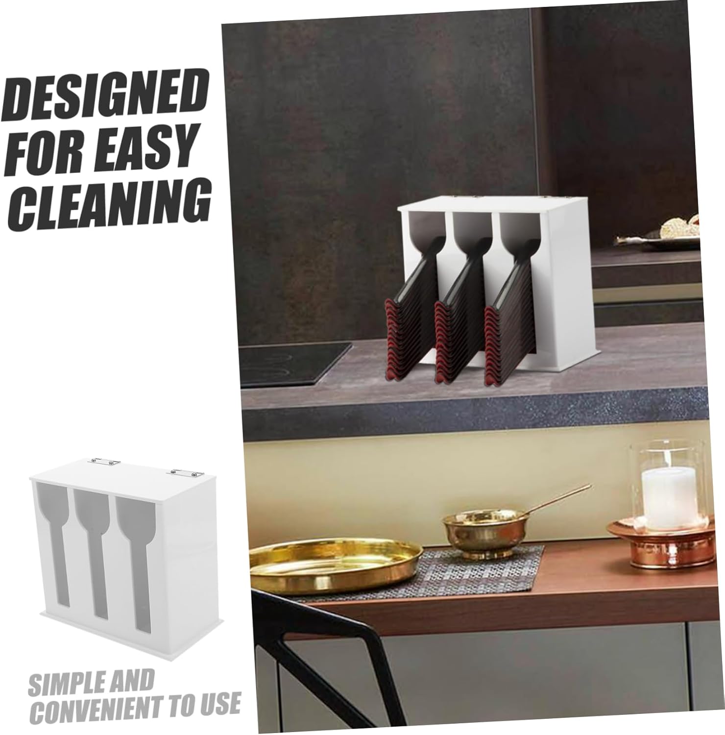 Acrylic Spoon Dispenser Lid Dustproof 3-Compartment Utensil Holder for Kitchen Countertop Punch-Free Cutlery Storage Rack for Restaurants and Home