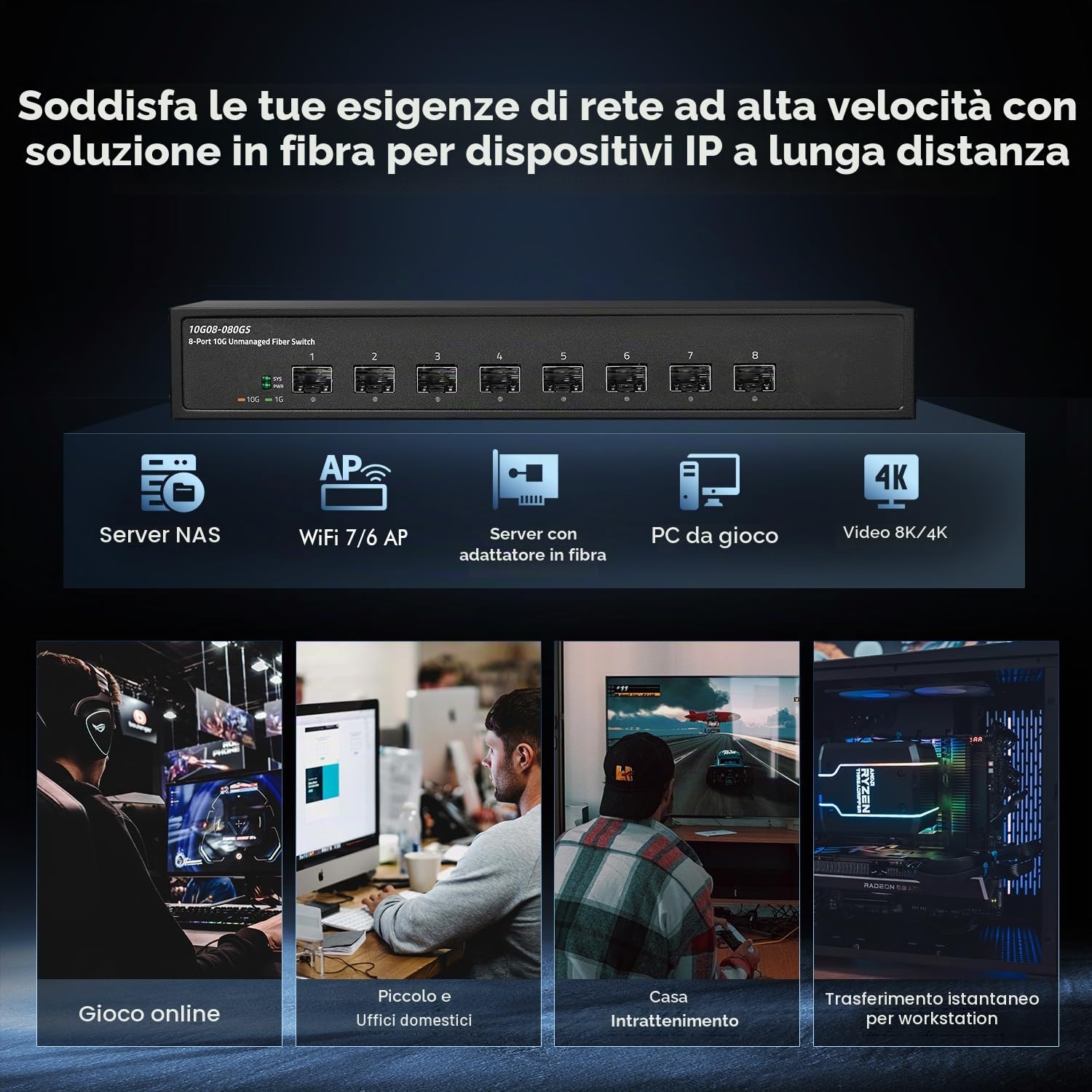 Binardat Switch in fibra a 8 porte 10 Gigabit, slot SFP+, 1G/10G supporto, larghezza di banda 160Gbps, desktop in metallo non gestito | Switch di rete per montaggio su rack