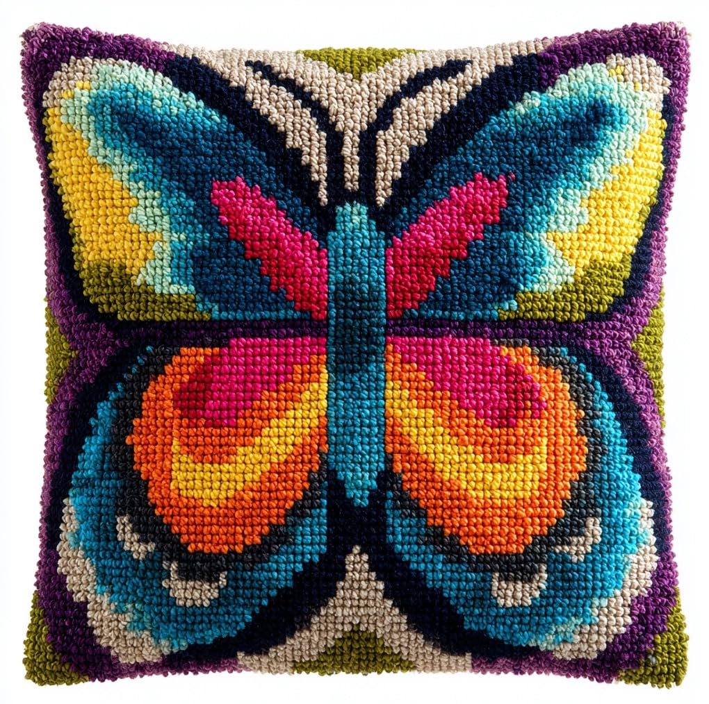 Taxpy Latch Hook Kit for Adults,Colorful Butterfly Latch Hook Pillow Case Kits, DIY Cushion Kit 17X17Inch, Cross Stitch Embroidery Kits Cover Home Decor 43X43Cm