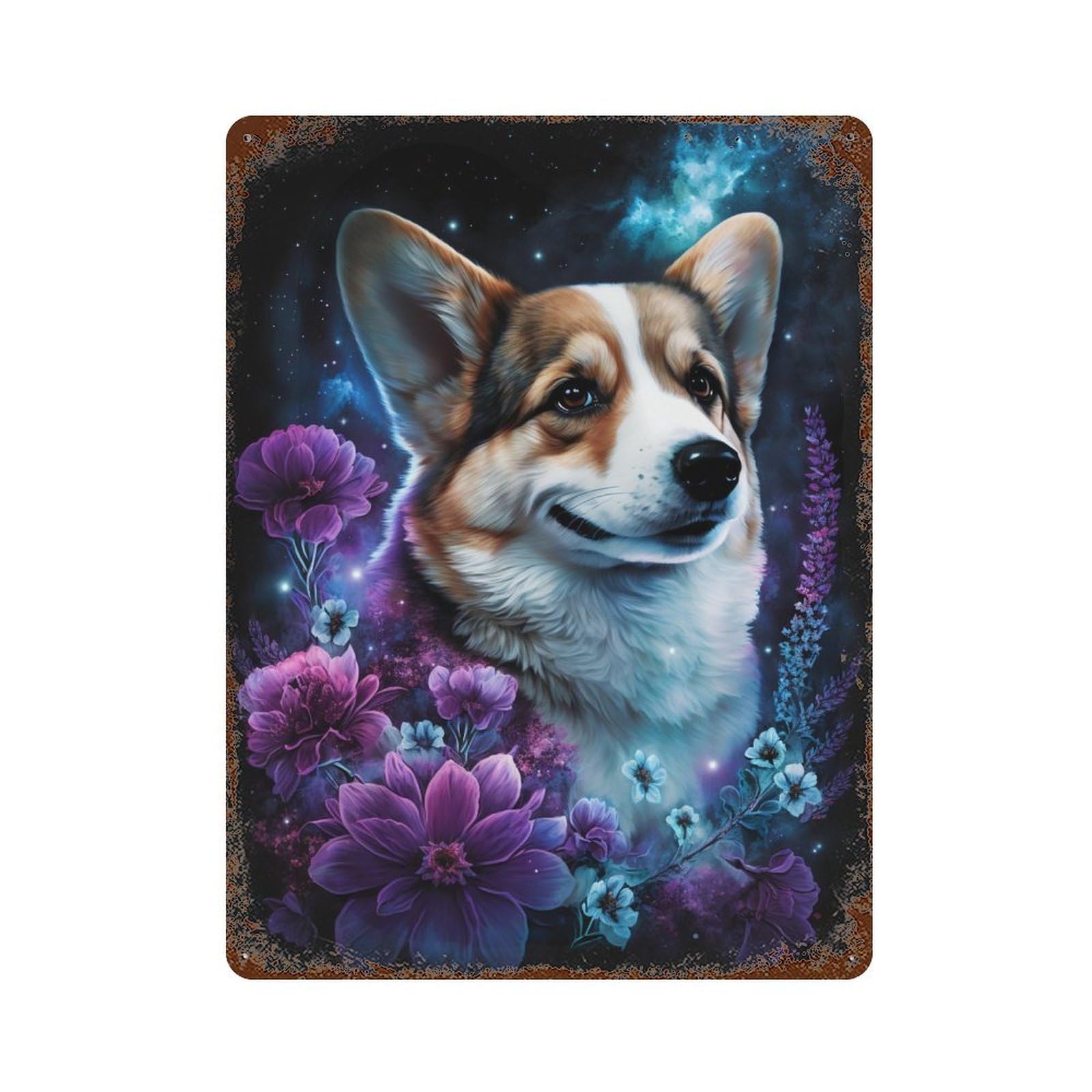 Vintage Rust Metal Sign Starry Night Corgi with Flowers -2 15.7"x11.8", Old School Wall Decor for Garage, Bar And Workshop Decor