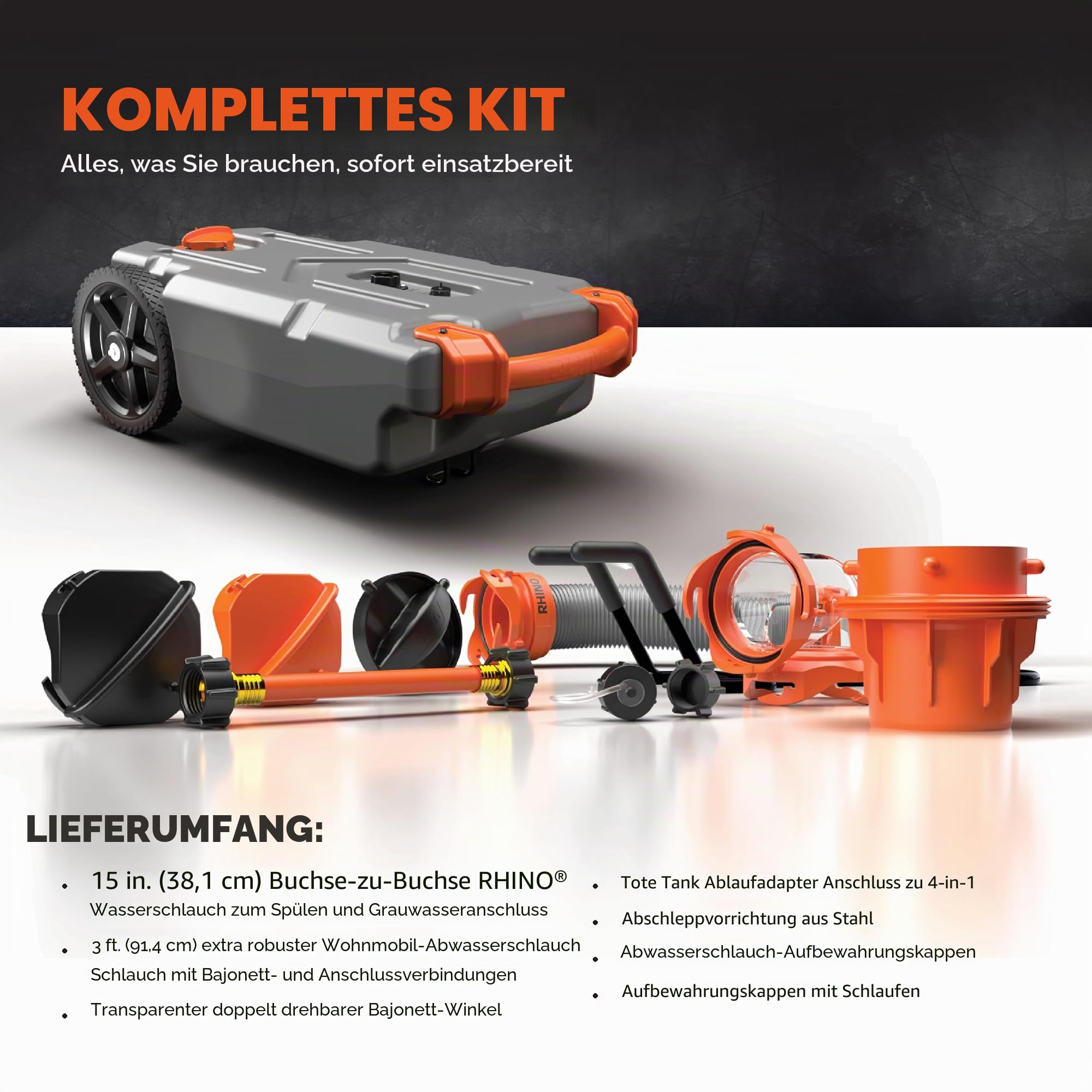 Camco Rhino 21-Gallonen Wohnmobil Abwassertank – Mit robusten pannensicheren Rädern, niedrigem Abflussloch, abnehmbarem Stahl-Zugadapter, 91,4 cm Abwasserschlauch und weiterem Zubehör (39002)