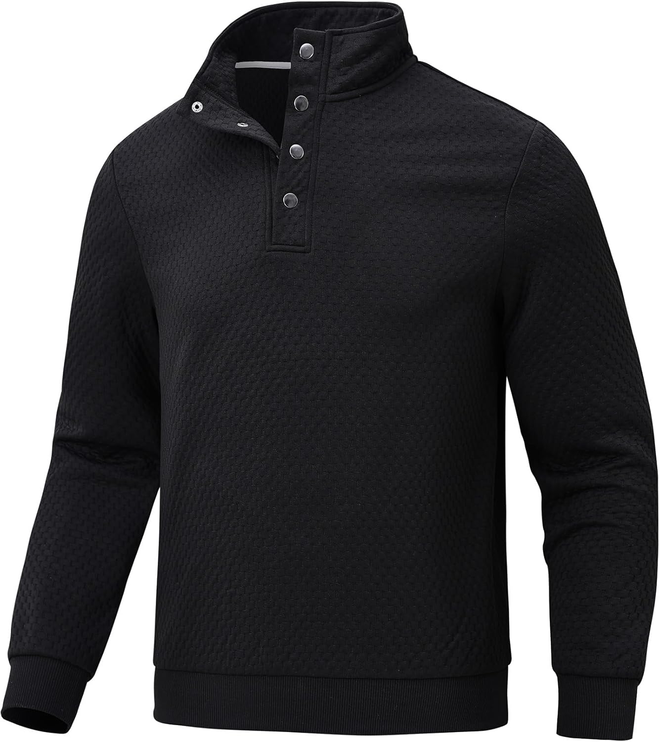 Men's Sweatshirt Quilted Mens Sweater Quarter Button Pullover Sweater Knit Long Sleeve Stand Collar Warm Lightweight Black Medium
