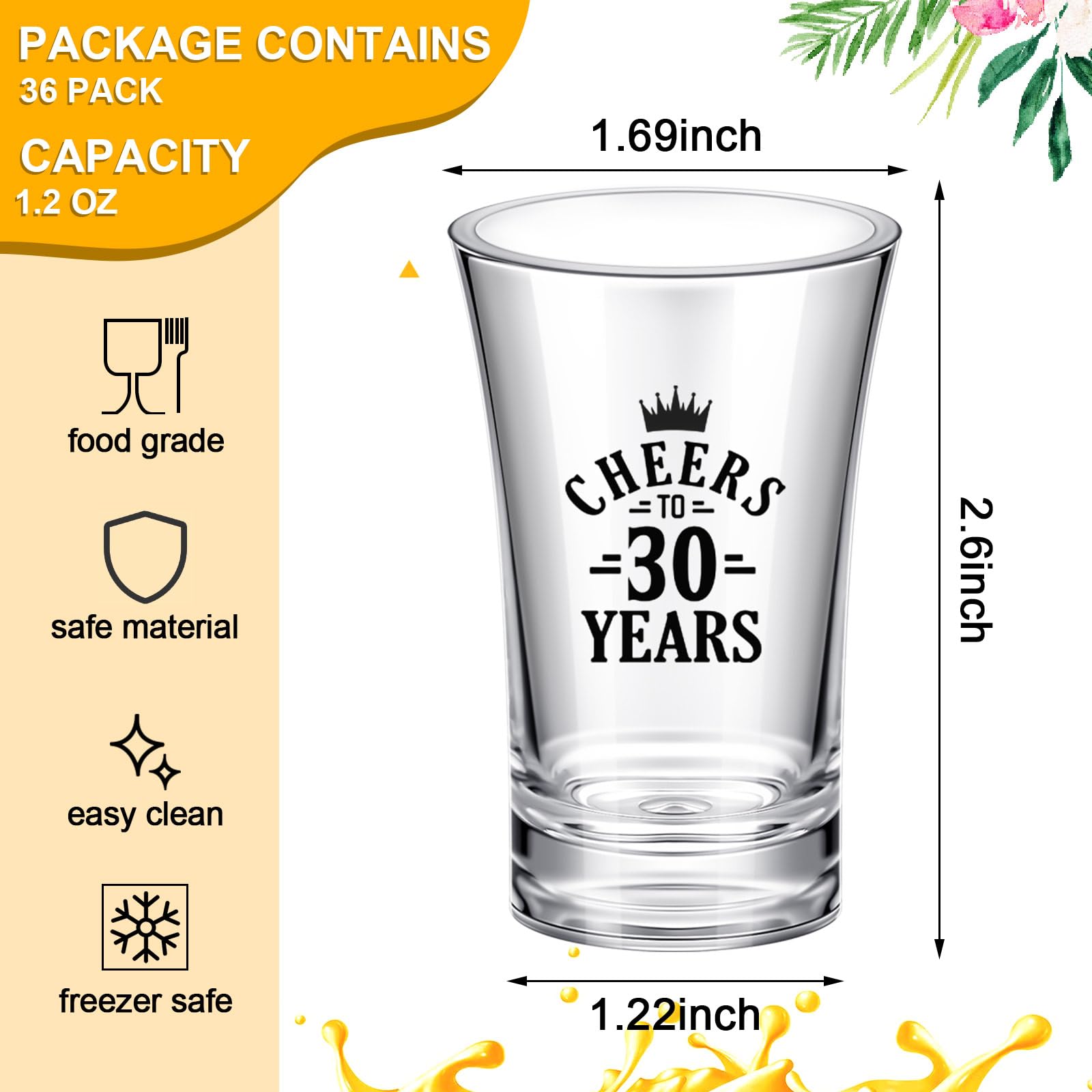 Juego de 36 vasos de chupito acrílicos transparentes para fiesta de 30 cumpleaños, juego al azar de vasos de chupito de 1.2 onzas, vasos de chupito de acrílico para adultos pequeños