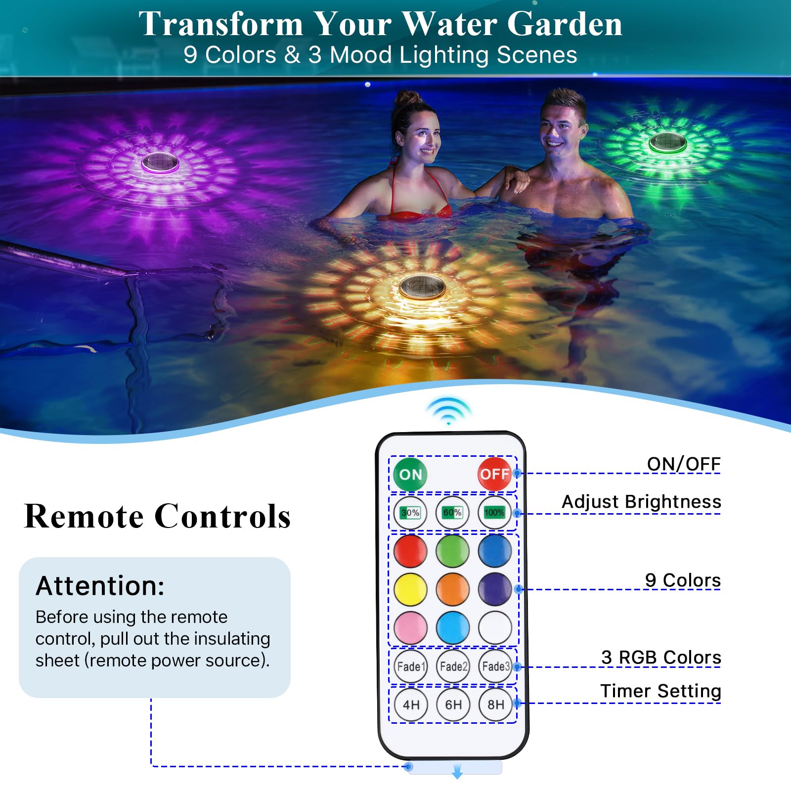 Qoolife Luces Solares Flotantes para Piscina 2 Unidades - Luces Subacuáticas IPX7 Impermeables con Mando a Distancia, 12 Modos de Color, Temporizador, Ideal para Piscinas, Estanques, Halloween y Dec