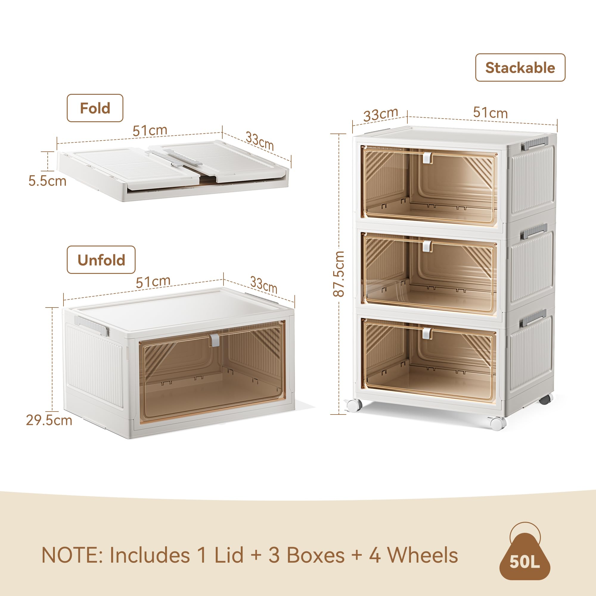 Costway Boîte Rangement Plastique 90l, 3 Caisses Rangement Pliables Avec Petite Roulettes, 5 Côtés Rabattables, Bac Plastique Avec Couvercle Pour Jouets, 3 X 30 L