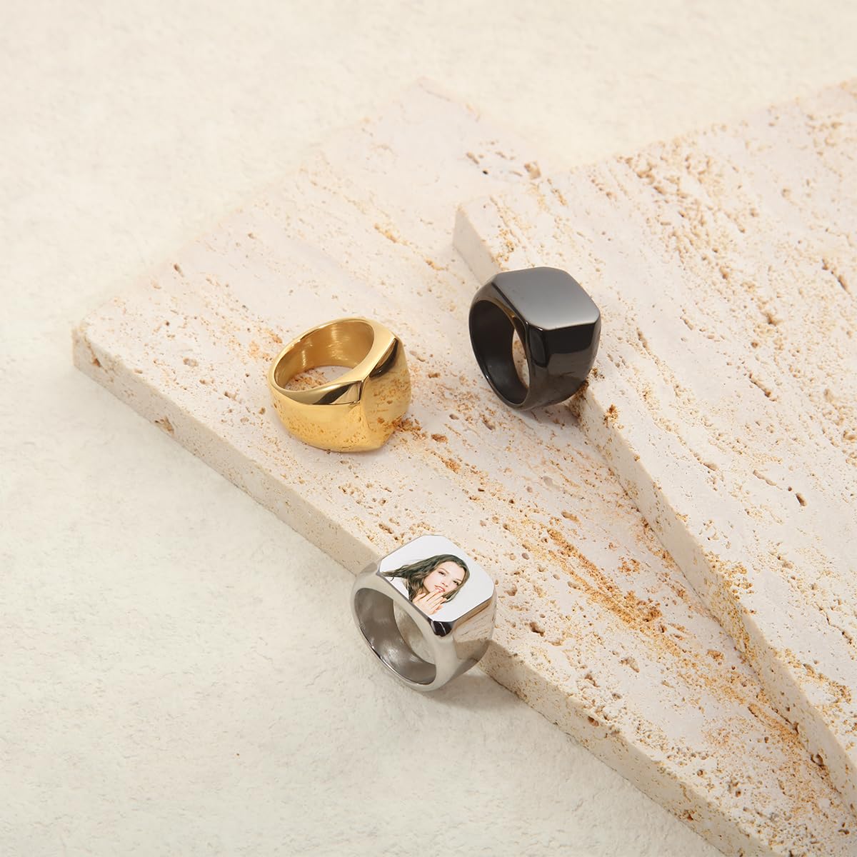 Personalizada de Acero Inoxidable Signet Anillo Personalizado Foto Grabado para Hombres Mujeres Mejor Amigo Memorial Regalo Imagen con Ajustadores de Tamaño de Anillo